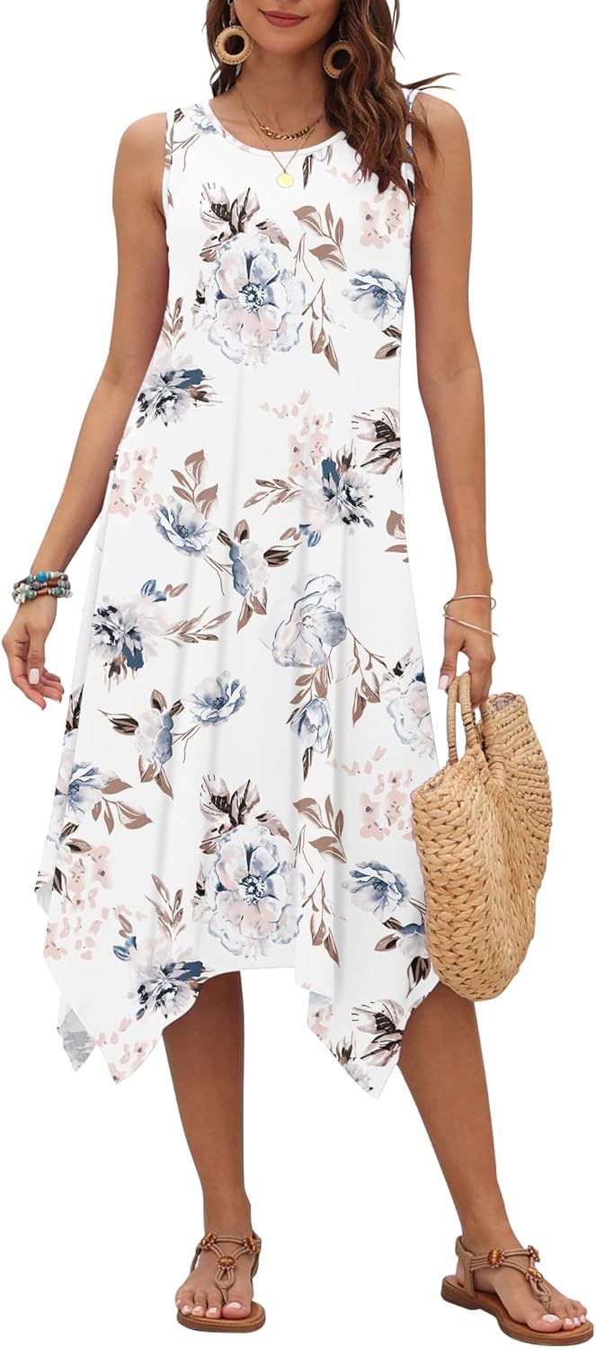 AUSELILY Women's Summer Dresses 2026 Casual Sleeveless Sundress Asymmetrical Hem Midi Tank Beach Dress with Pockets - Image 2