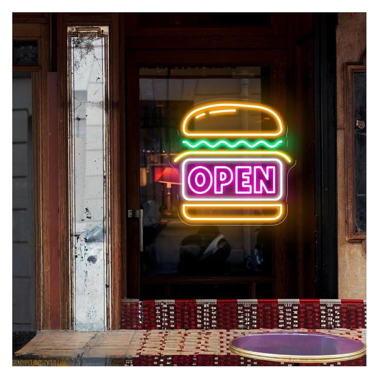 Enseigne lumineuse murale Burger Open pour attirer les clients du soir