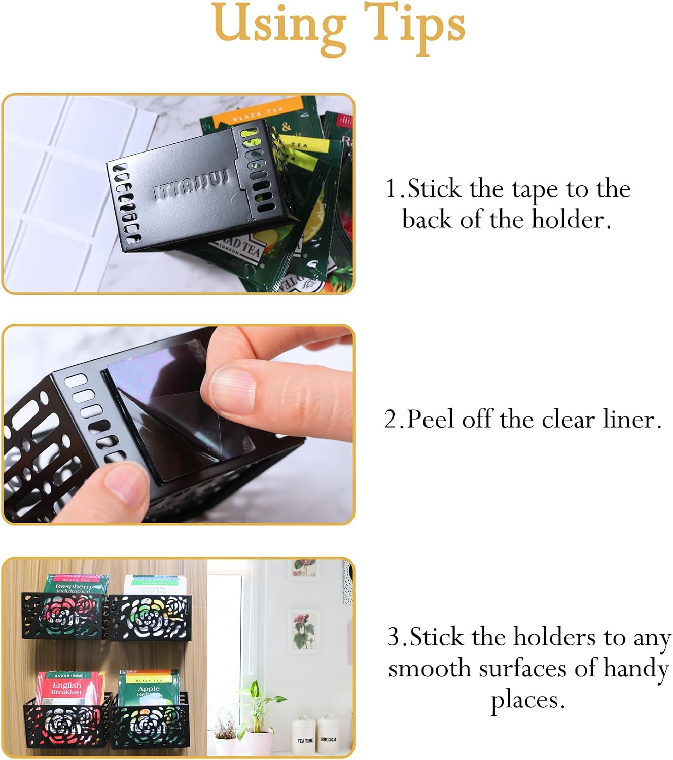 Tea Bag Organizer 6 Pcs Iron Rose Hollow, with Nano Mounting Tape