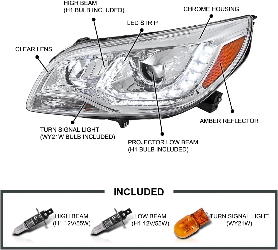 SPEC-D TUNING LED Chrome Projector Headlights Compatible with 2013-2015 Chevy Malibu, Left + Right Pair Headlamps Assembly