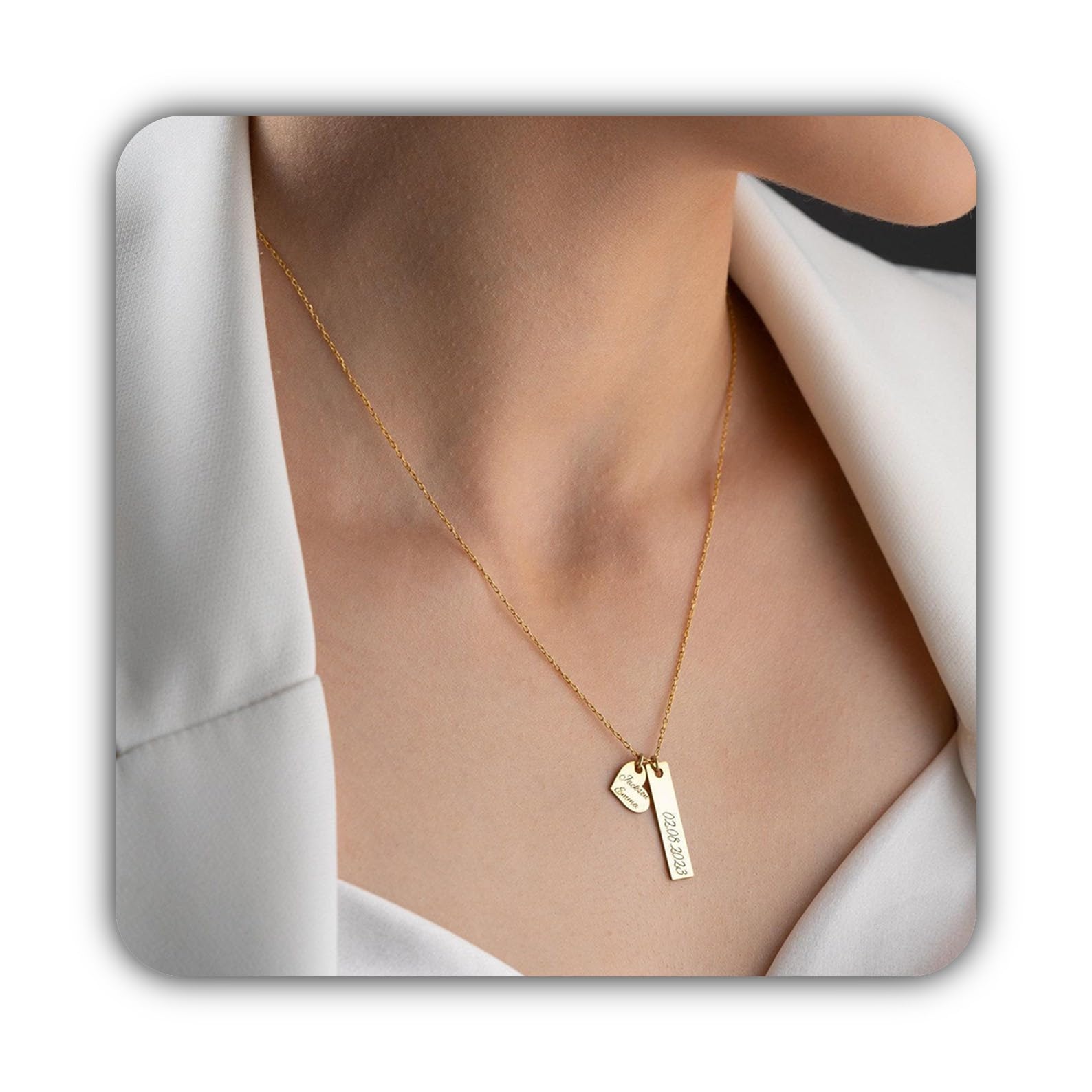 Personalizzato oro barra e cuore collana, nome barra argento con cuore famiglia data inciso