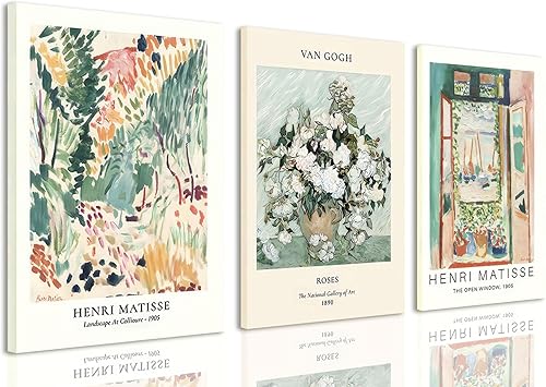 LYPHNX Lienzo enmarcado de Matisse verde salvia, arte de pared, impresiones florales abstractas, vintage, juego de 3 lienzos artísticos de mediados