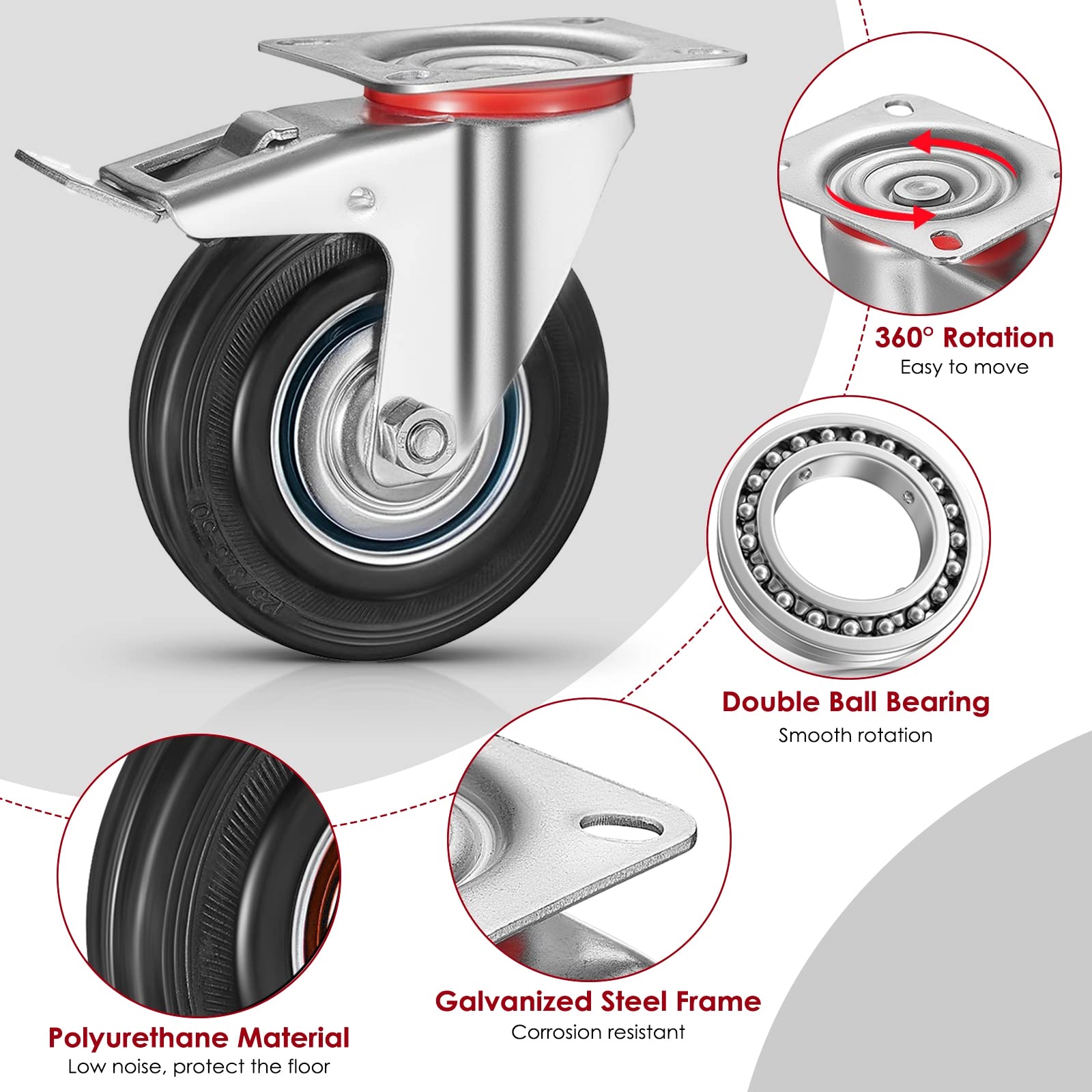 Set di 8 Ruote per Mobili Pesanti con 4 Freno, 200 mm Rotelle Girevoli, Capacità 1280 kg, Carrelli Ruotabili a 360°Nessuna Rumorosità, per Pallet, Trolley, Resistenti