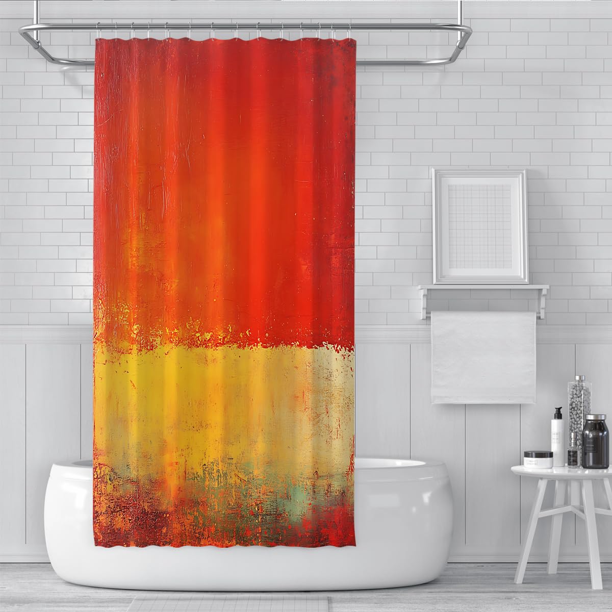 Abstraktes Ölgemälde Duschvorhang für das Badezimmer Warmes orange-gelbes Design Badevorhang mit Haken Wasserdichtes Polyester Schnelltrocknen 180 x 200 cm