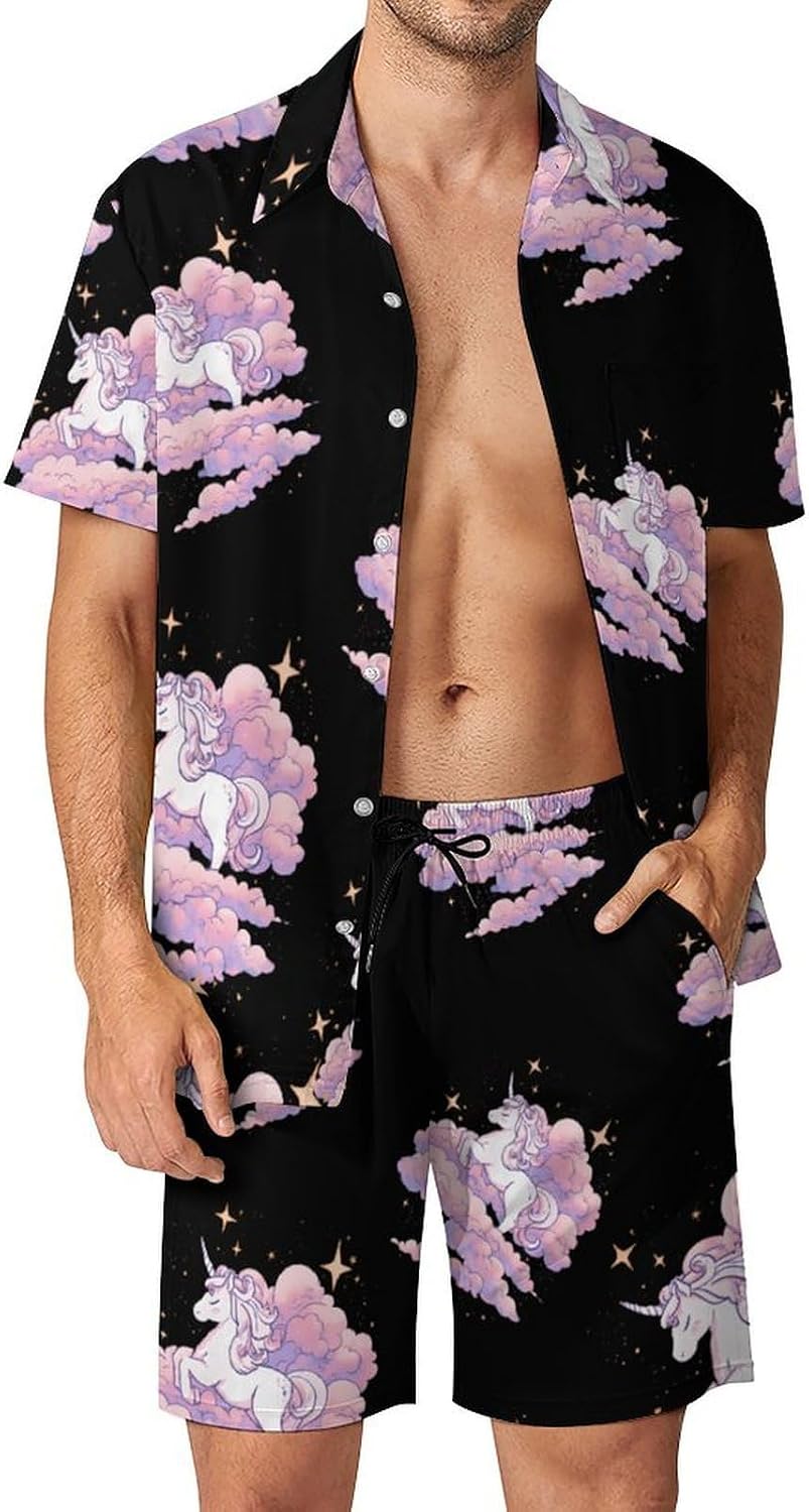 Fantasy Unicorm in The Clouds Men's Summer Beach 2 Piece Outfits | hawaiian button down shirt and shorts,vacation cruise,mens bathing suit