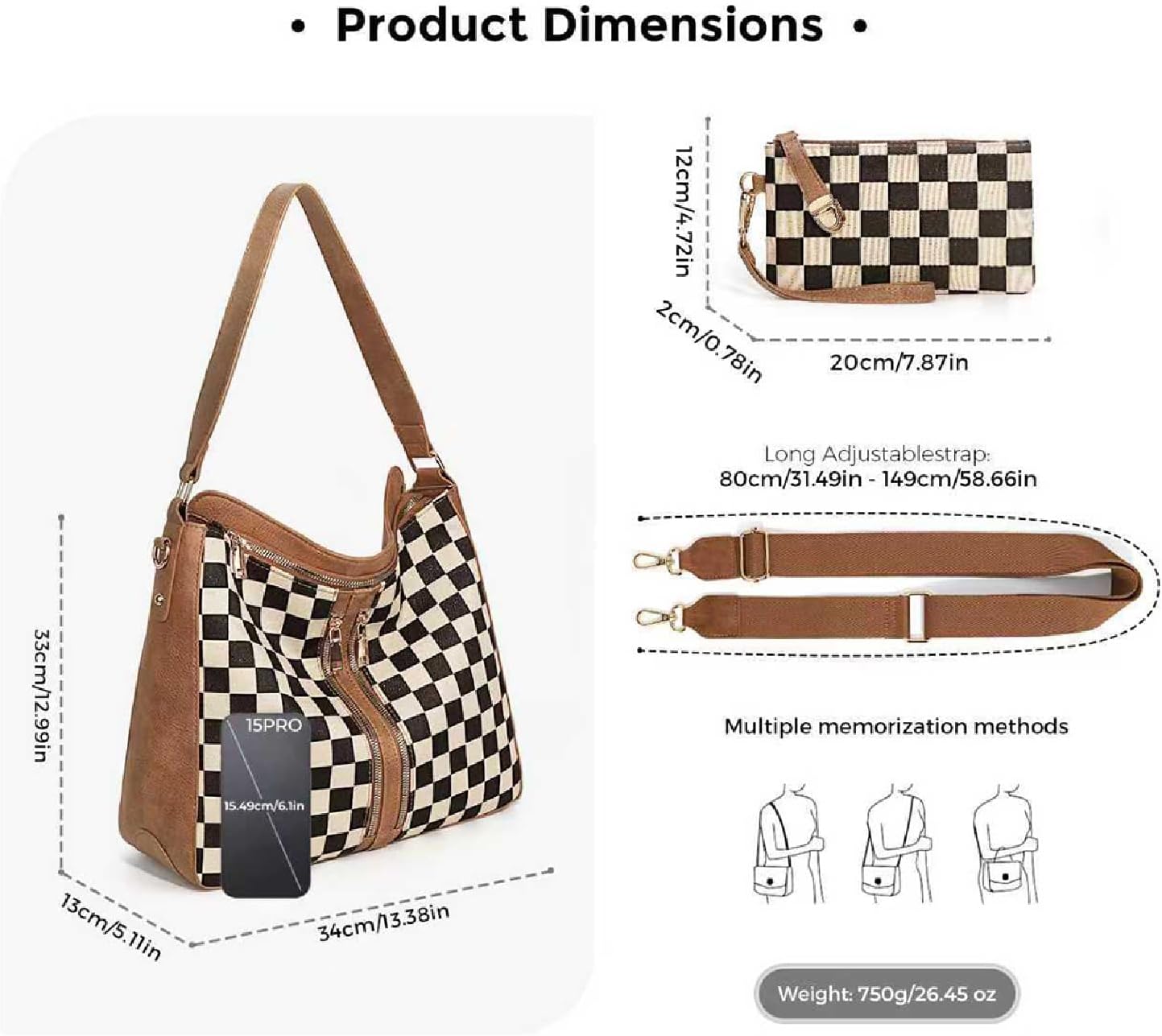 Dyalsa Checkered Hobo Purses for Women,Large Vintage Tote Shoulder Bag with Multiple Pockets