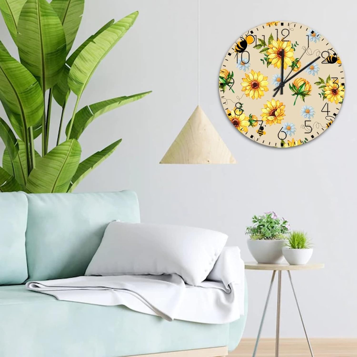 15 Inch Minimalist Wood Clock Sunflower and Bee Print Fireplace Decor for Kids Room Decorative Flowers Humble Bee Wall Clocks Round Wooden Wall Clock Vintage for Auto Shop Study Room
