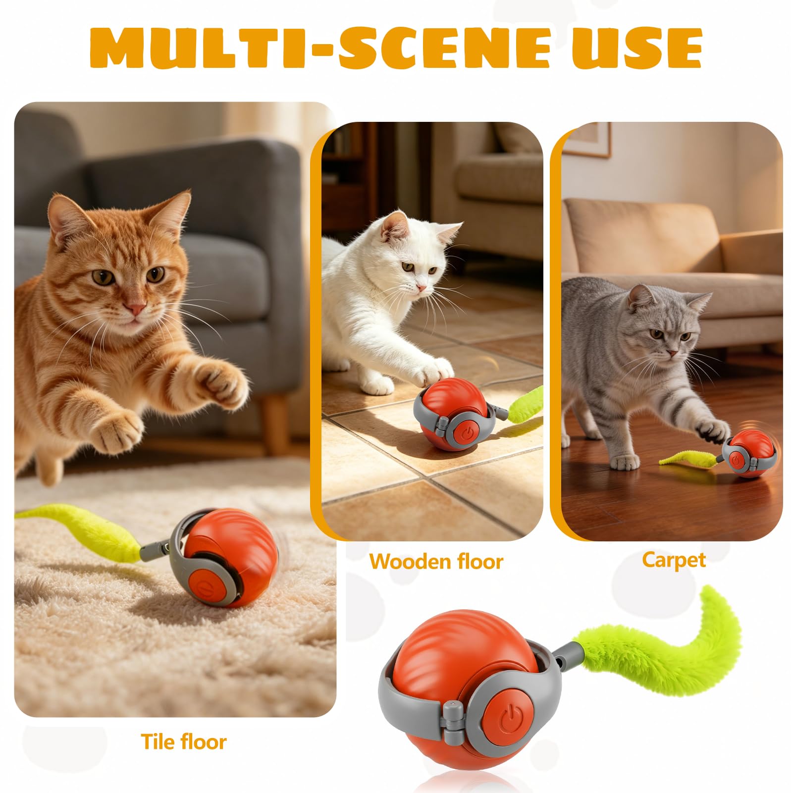 Lot 2PCS Jouet Chat Interactif Balle Interactive Chat Automatique, Jouet pour Chat Intérieur avec Queue Peluche, Jeux Chat Appartement Anti Ennui, Jouet Chat Intelligent Rechargeable, Orange