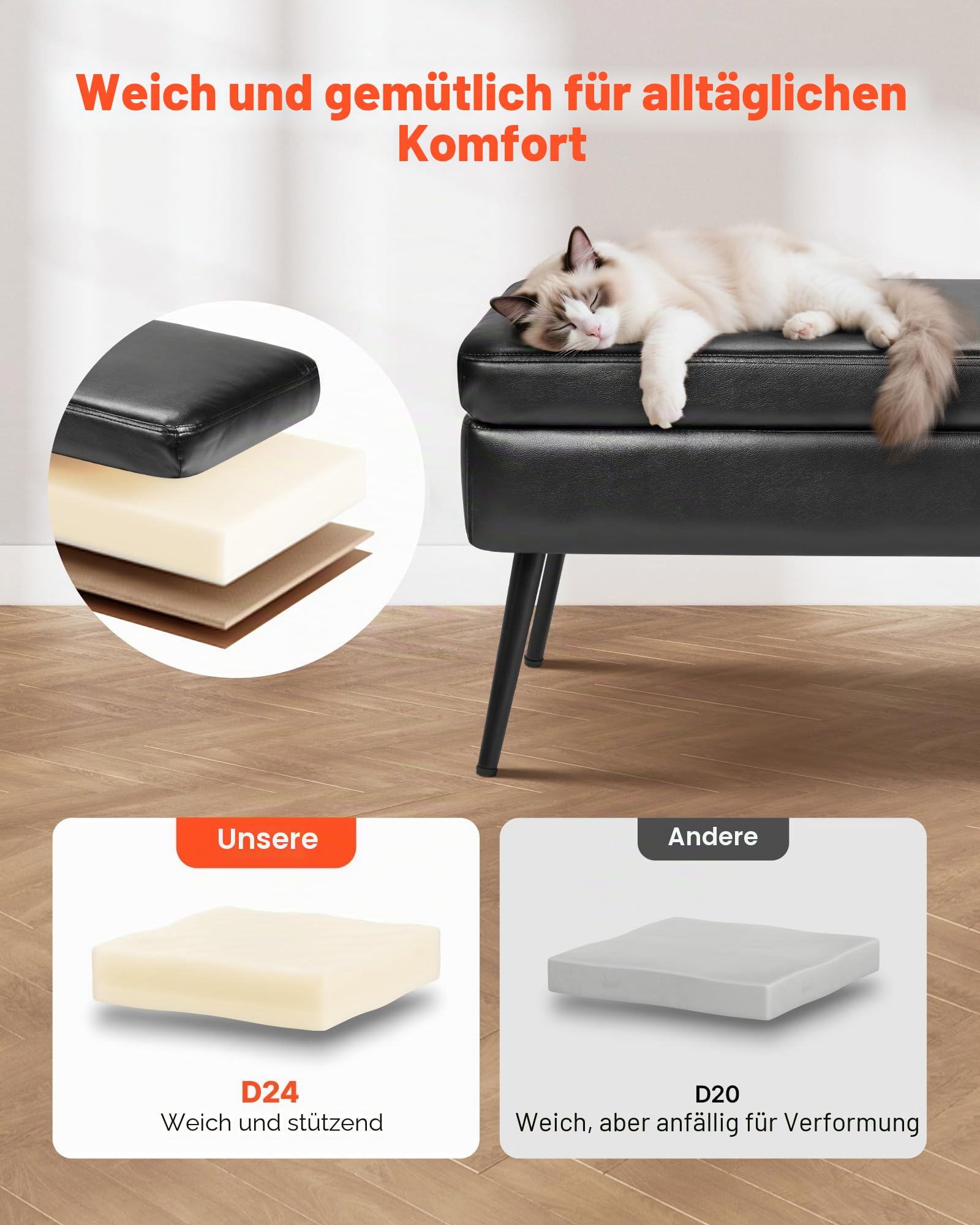 VEVOR Sitzbank Ottomane (40 x 120 x 45 cm) aus PU-Leder mit Metallbeinen & Stauraum, gepolsterte Schuhbank mit 300 kg Tragkraft, Moderne Bettbank Schlafzimmerbank für Wohnzimmer Esszimmer Schwarz