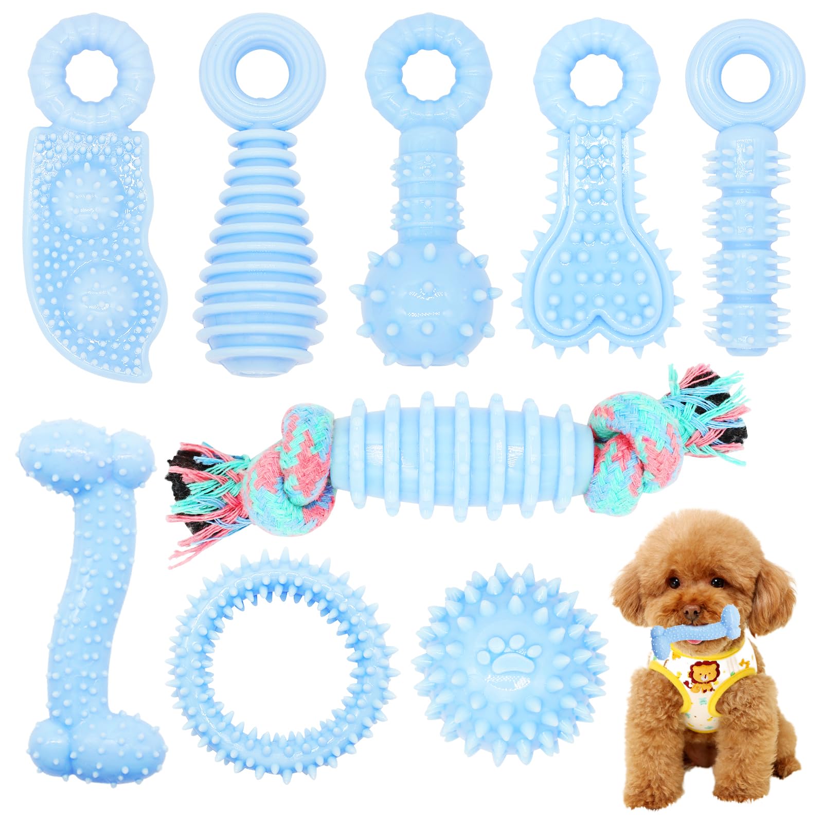 Juguetes para cachorros, paquete de 9 juguetes masticables para cachorros, lindos juguetes azules para perros pequeños, juguetes de dentición para cachorros, juguete interactivo suave y duradero