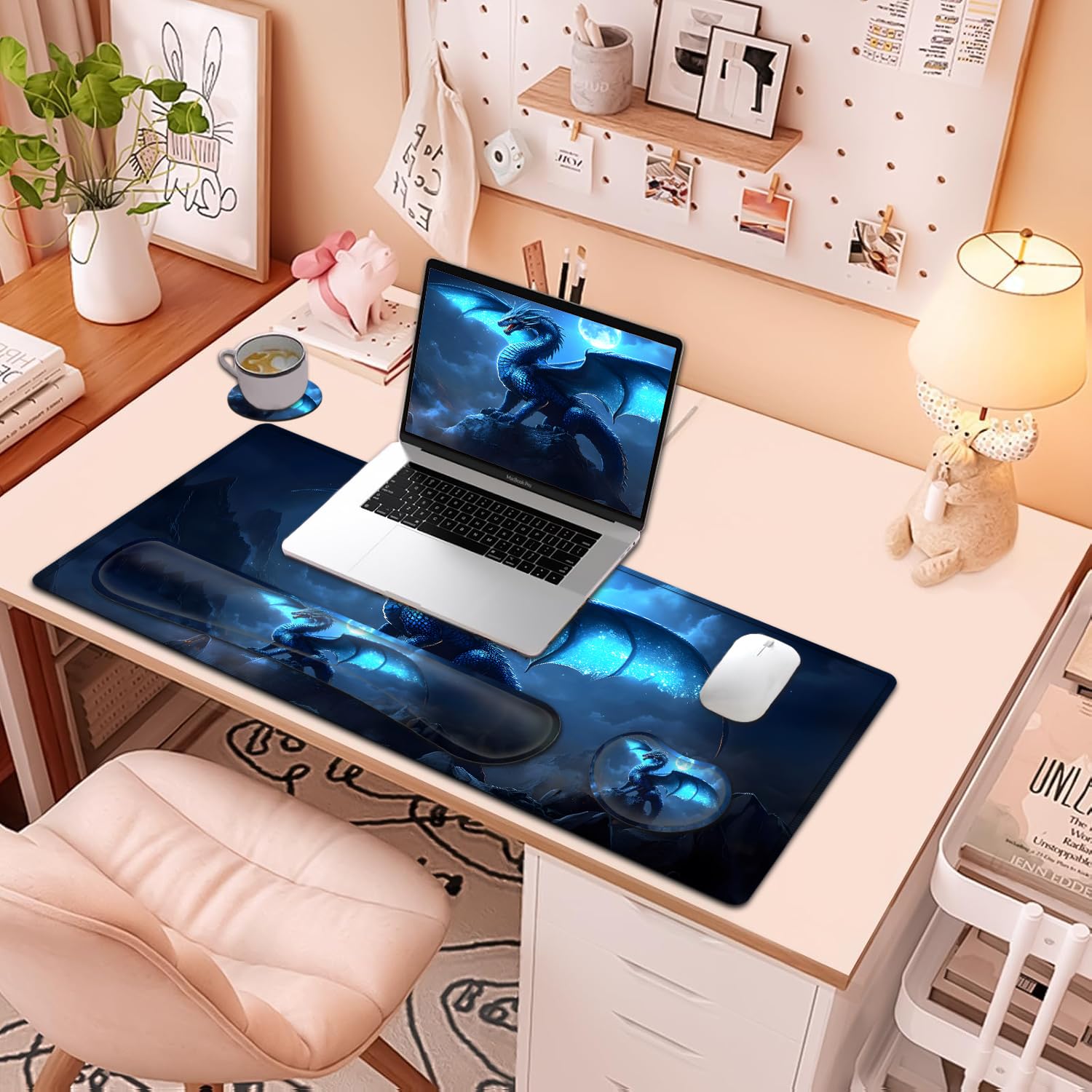 Großes Mauspad + Tastatur-Handgelenkauflage-Set, erweitertes Gaming-Mauspad (80 x 29 cm) mit rutschfestem Gummi, ergonomische Handgelenkauflage aus Memory-Schaum, blaue fliegende Drache