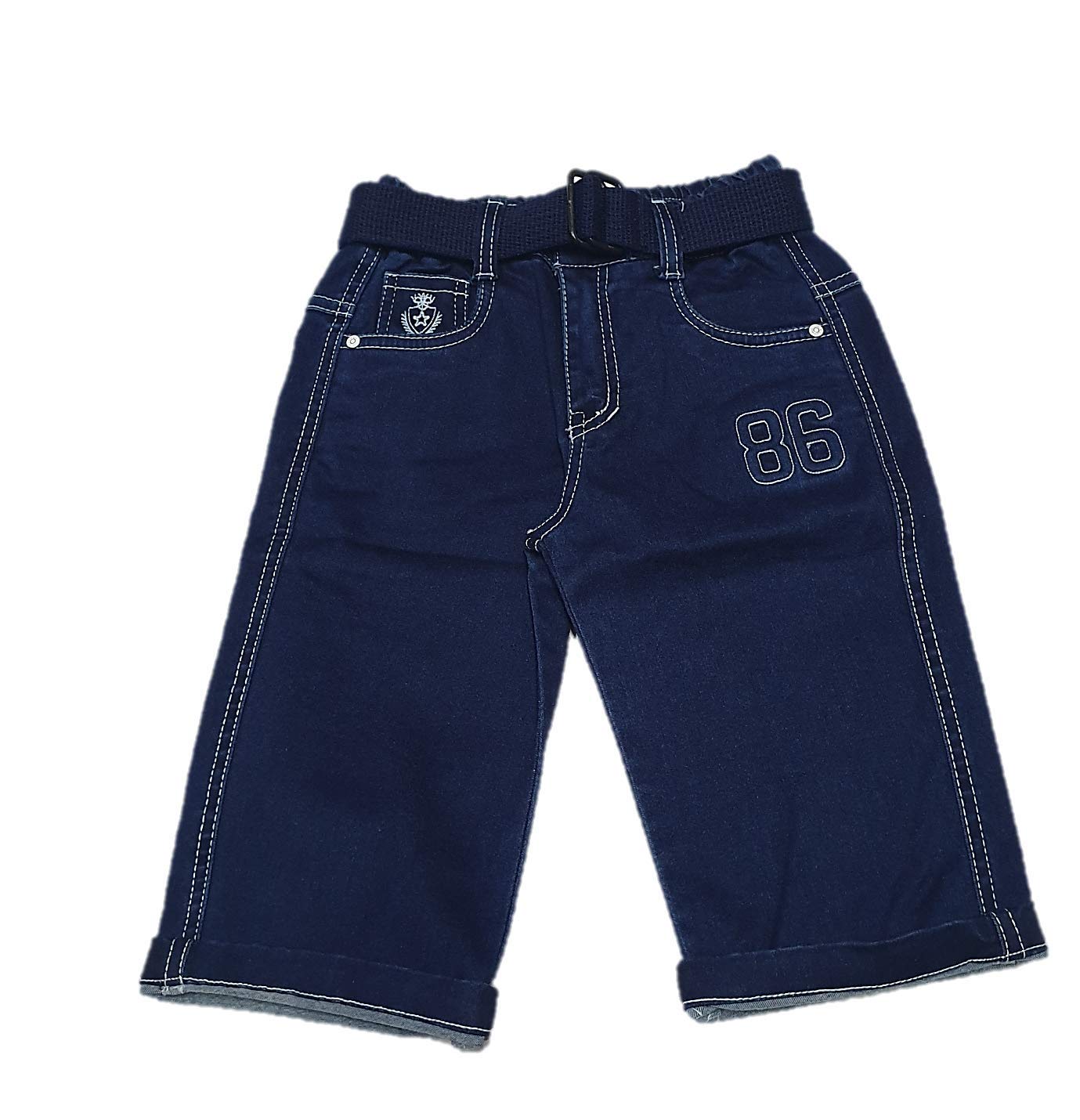 PUPPET-NX Boys Basic Denim Capri Shorts | Half Elastic Waistband, Casual, Below Knee Length, Belt Included, Stretchable Denim Capri, 3/4 Shorts for Kids Boys