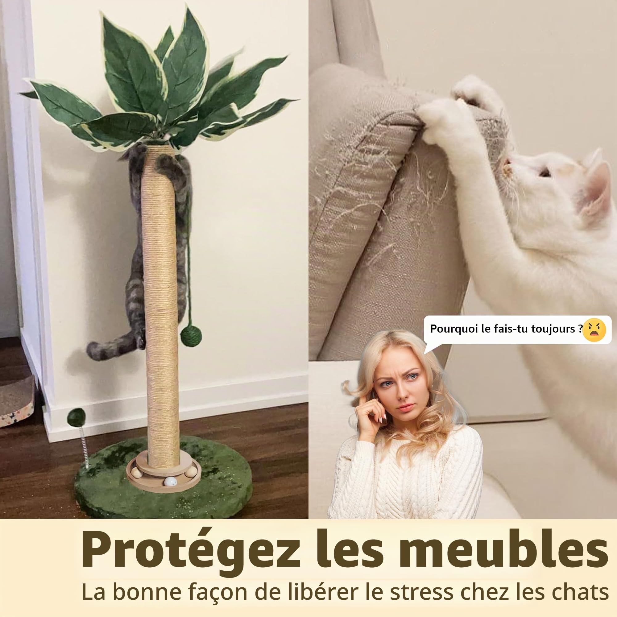 Fantasreen Griffoir pour Chat Griffoir à 84cm pour Chats d'intérieur avec Jouet pour Chat et Balle Interactive Auto-Groomer pour Chatons et Chats Adultes