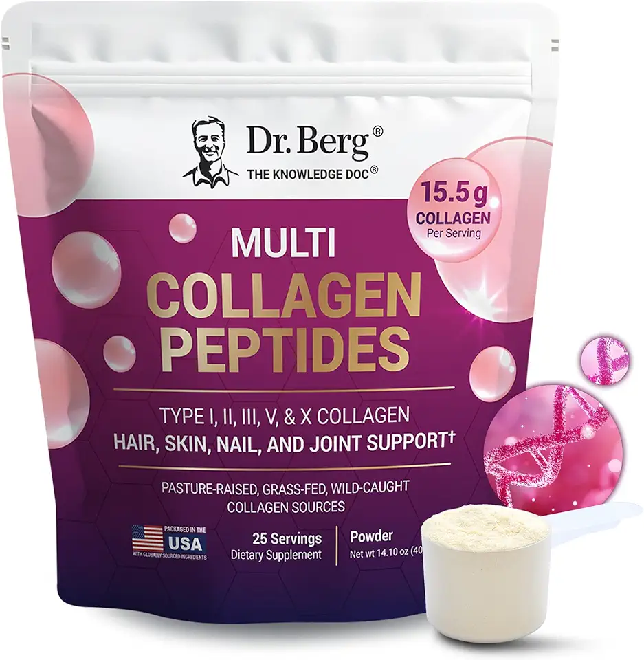 Dr. Berg Multi Collagen Peptides Powder Types I, II, III, V, X - Unflavored Collagen Powder w/ 14 g of Protein - Grass-Fed, Pasture-Raised &amp; Wild-Caught Collagen Sources - 25 Servings