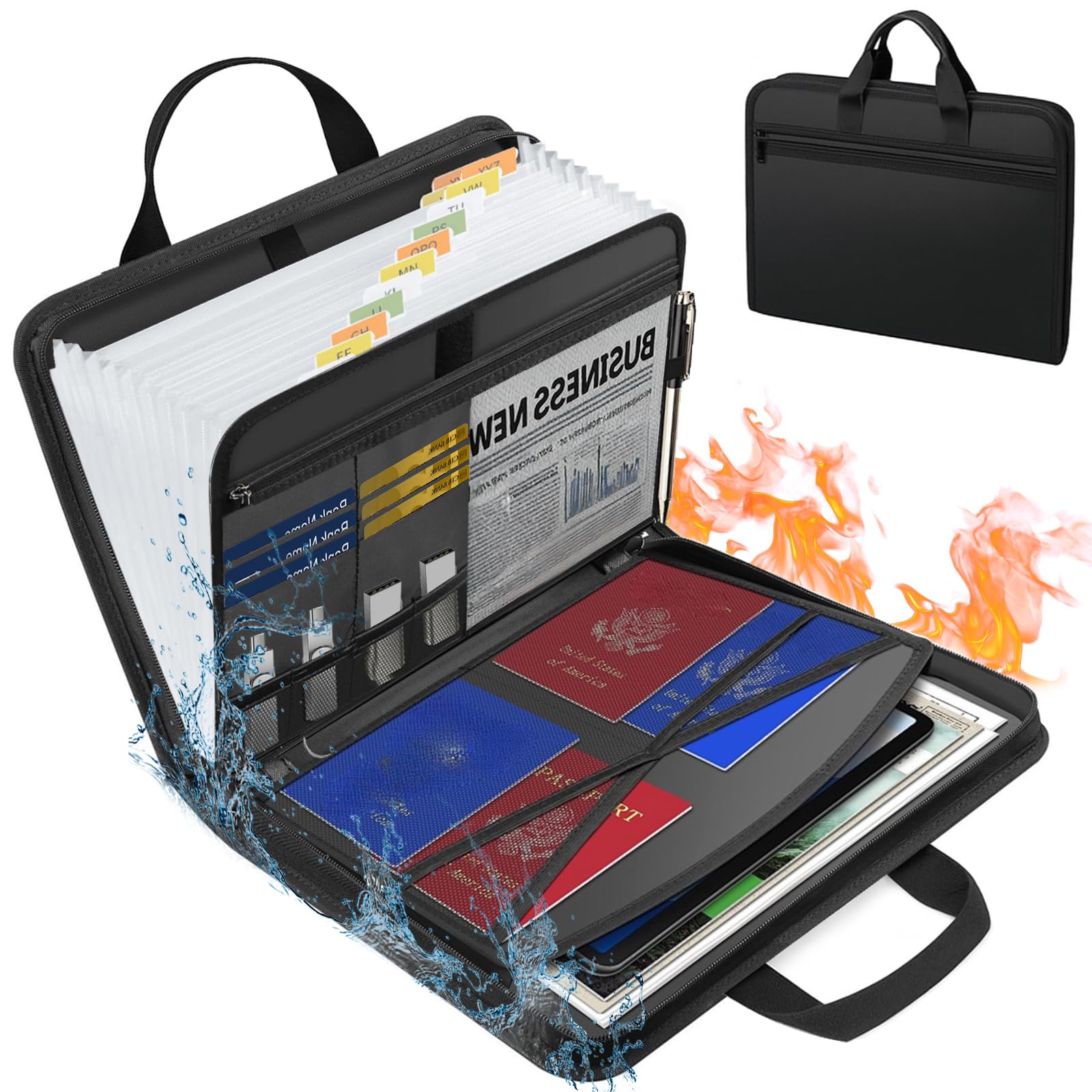 Pochette Ignifuge et Etanche avec 13 Compartiments, Porte Documents Ignifuge, A4 Pochette Anti Feu pour Passeport, Certificats, Bureau