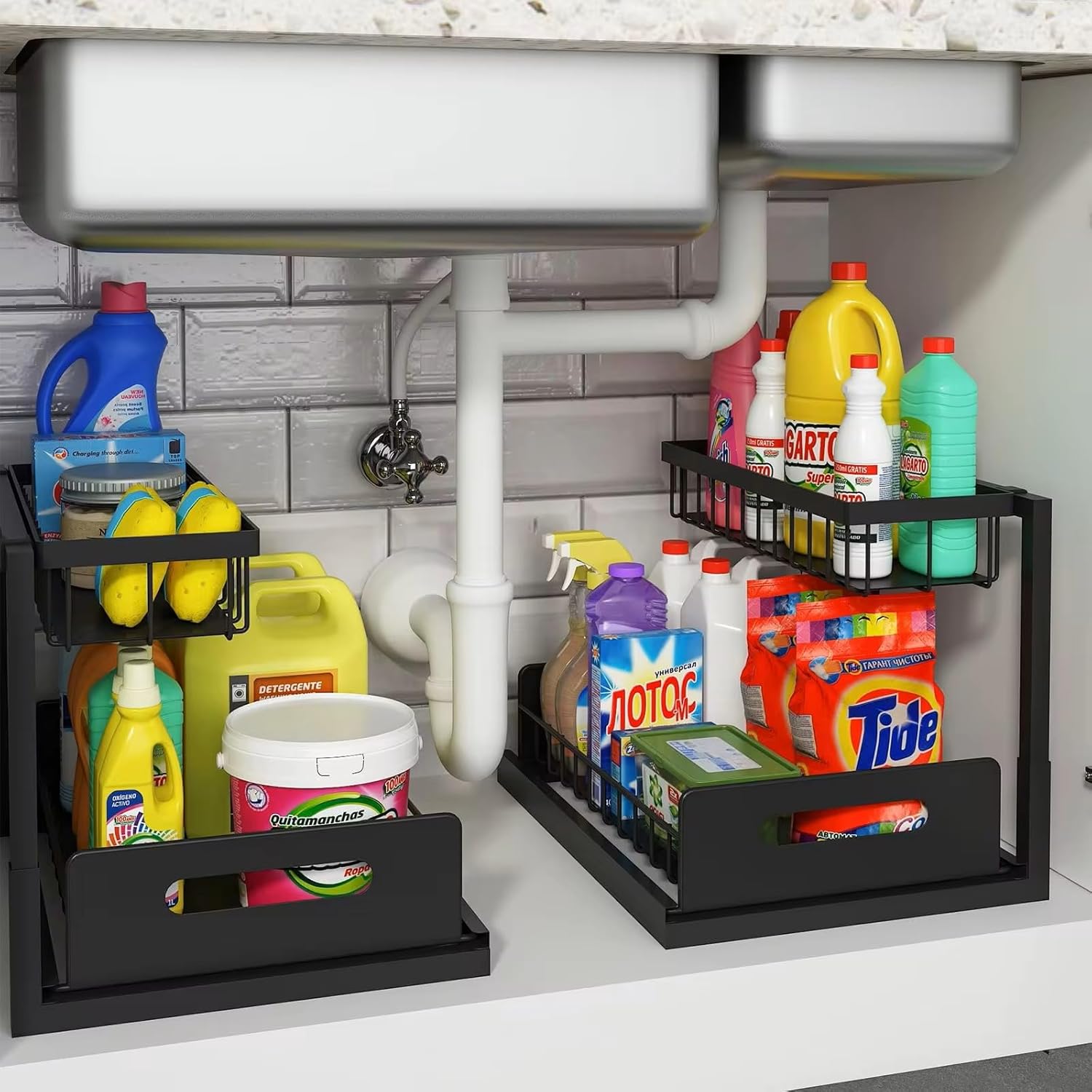 Under Sink Organizer 2-Pack – Sliding 2-Tier Metal Storage Rack, Pull-Out Cabinet Shelf for Kitchen, Bathroom, Cleaning Supplies & Toiletries.