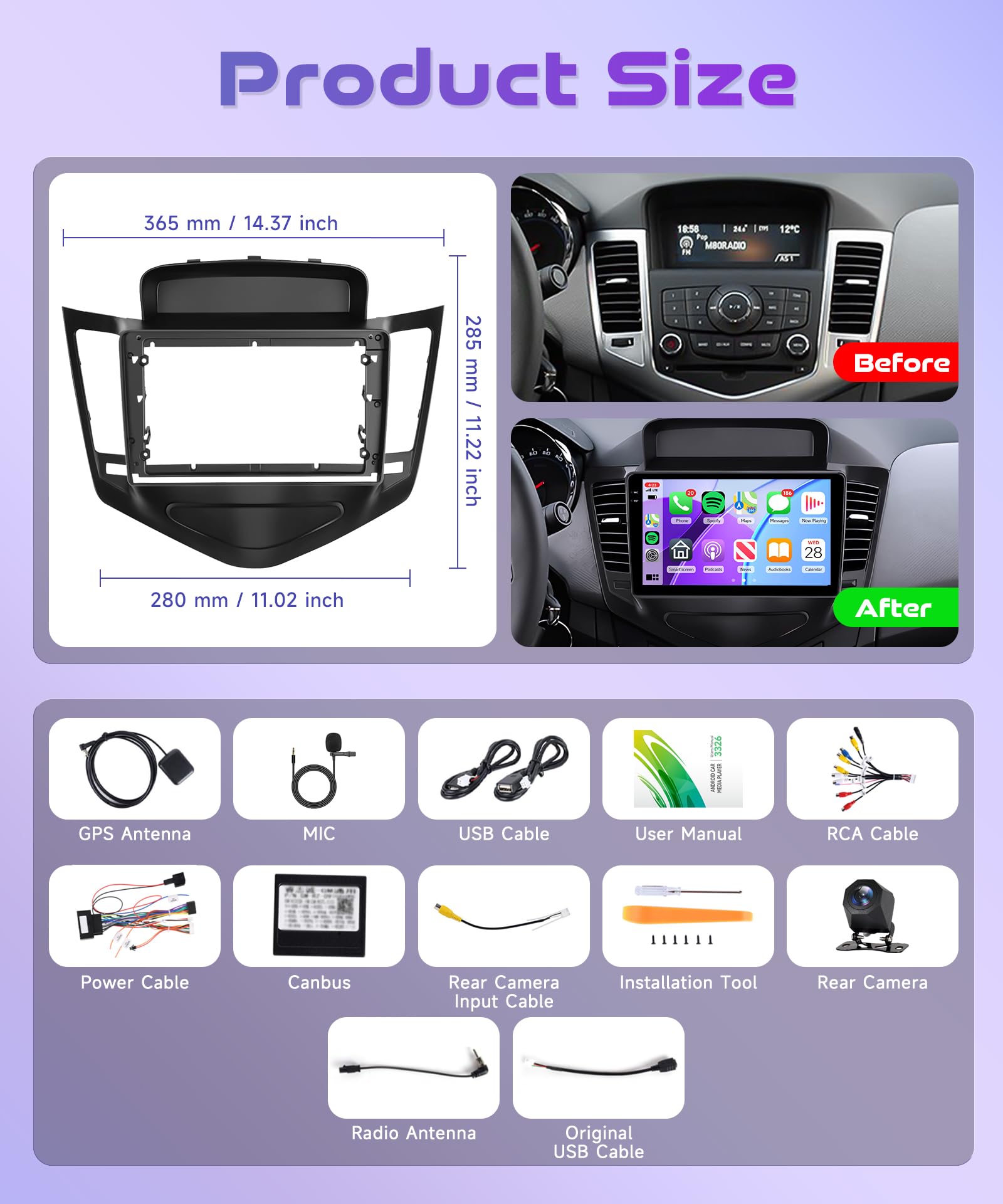 4G+128G Wireless Carplay Android 15 Autoradio per Chevrolet Cruze J300 2008-2014 9 Pollici Incell Schermo Autoradio Android Auto GPS Navi WiFi Mirror Link Bluetooth FM/RDS EQ/SWC Telecamera Posteriore