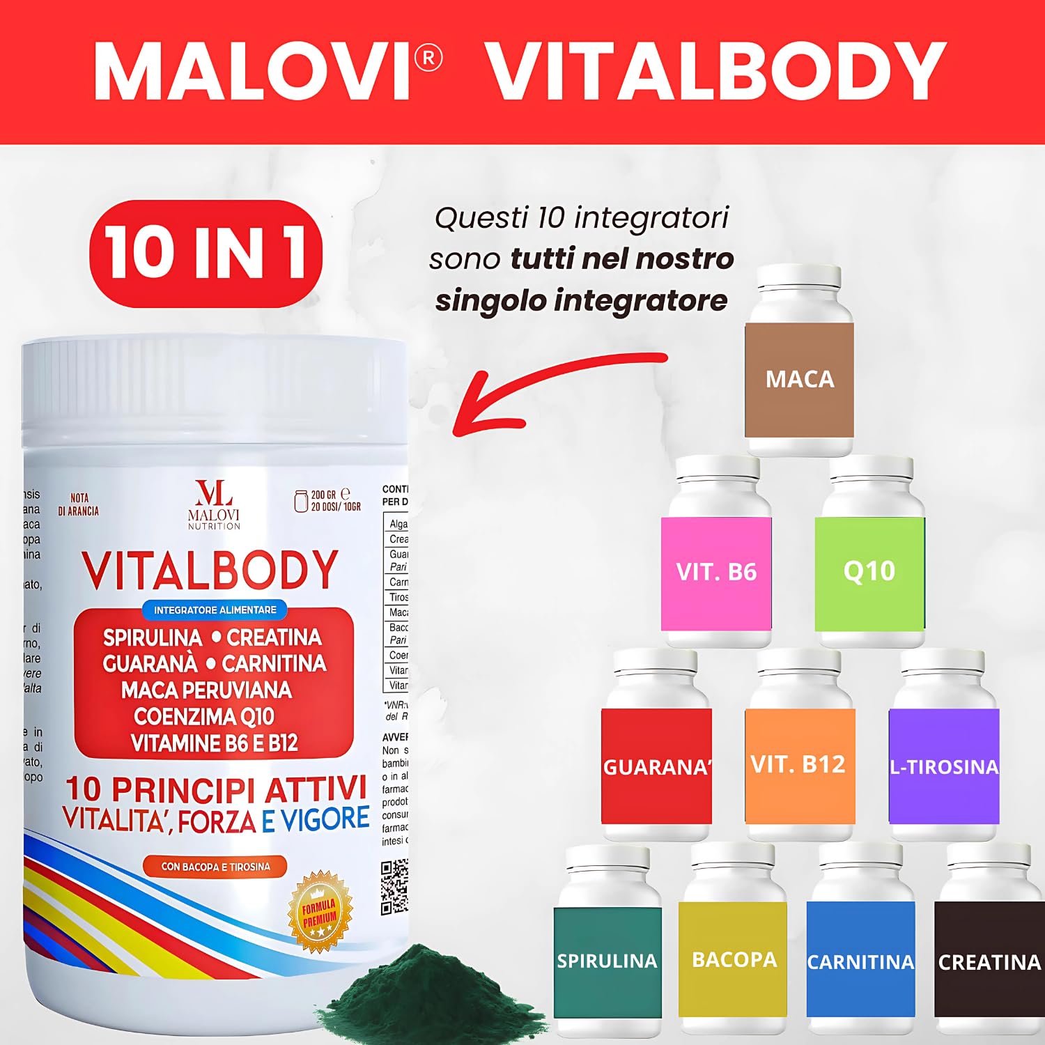 MALOVI Vitalbody 200 Gr Integratori Energia Stanchezza Fisica E Mentale, Integratore Memoria E Concentrazione,Con Spirulina Creatina Carnitina Guarana Maca Bacopa Monnieri Coenzima Q10 Vitamina B6 B12