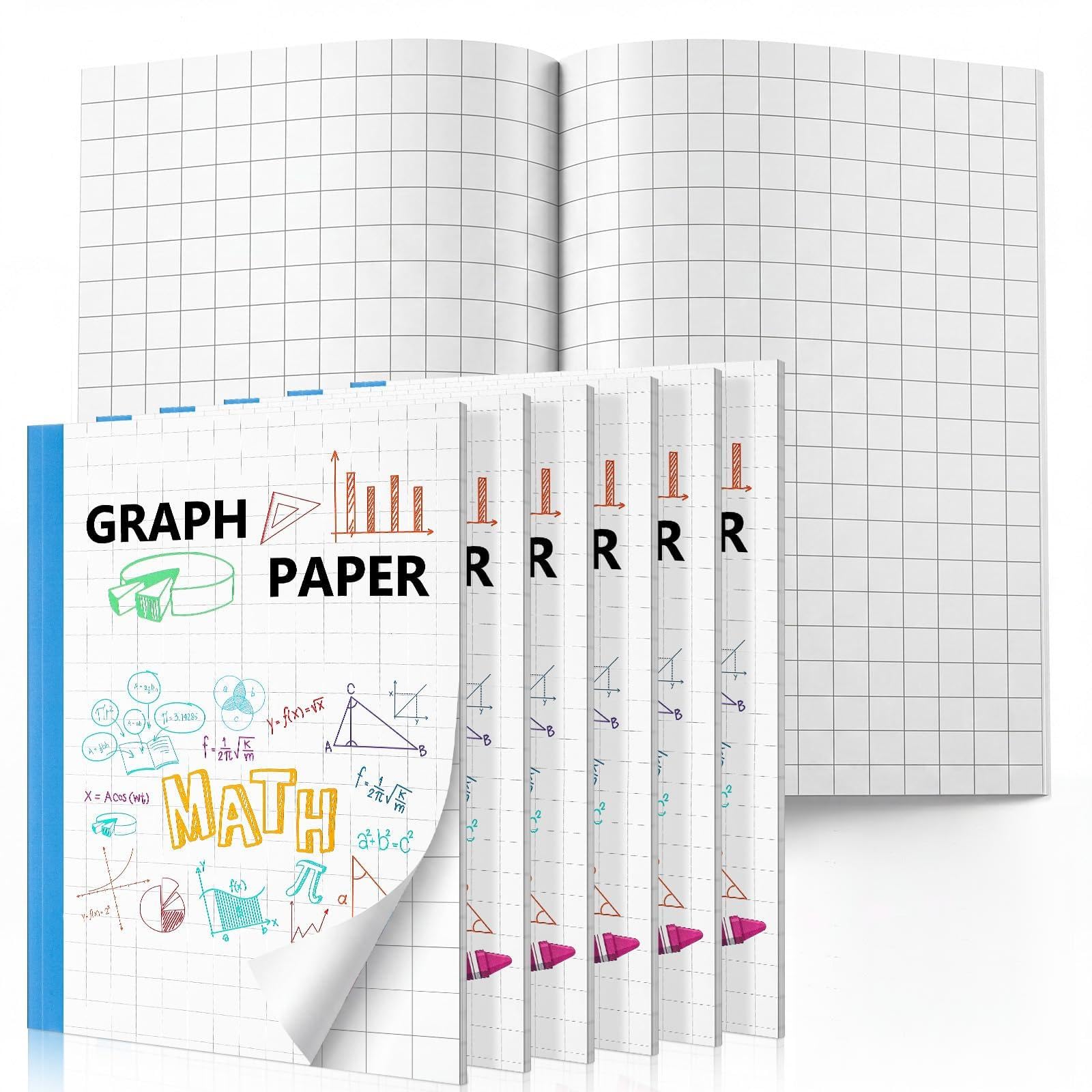 Ctosree Lot de 6 feuilles de papier graphique pour enfants - Carrés de 1,27 cm - Papier graphique mathématique - Cahier de composition - 21,6 x 27,9 cm - Quadruple quadrillé - Fournitures scolaires