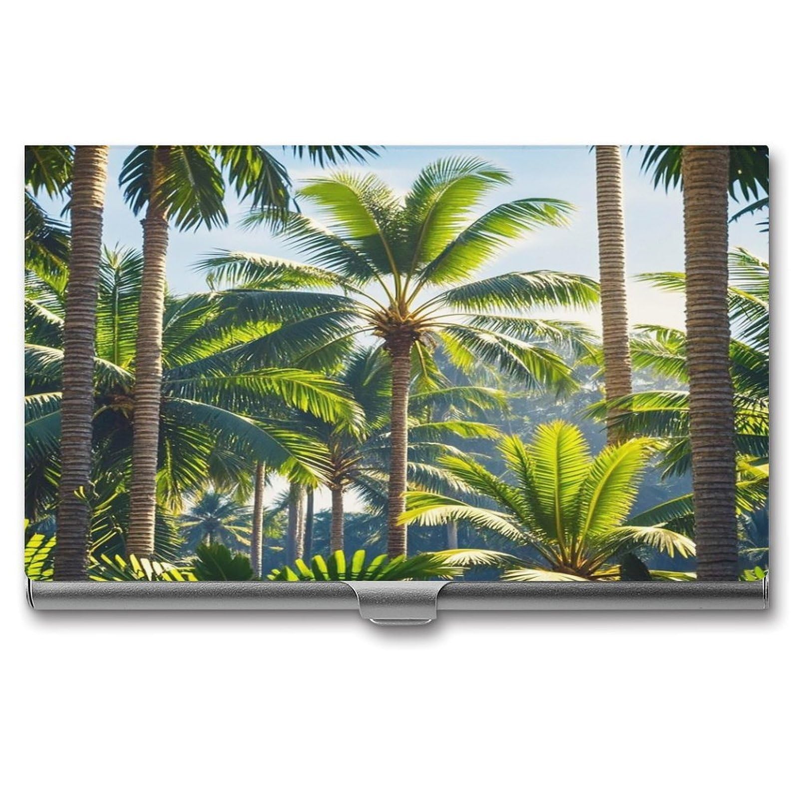 FekiLoot Palm Trees Business Card Holder for Men Women Metal Slim Organizer Business Card Carrier Wallet Name Cards Holder Retro Slim Pocket Purse Small Portable Card Case