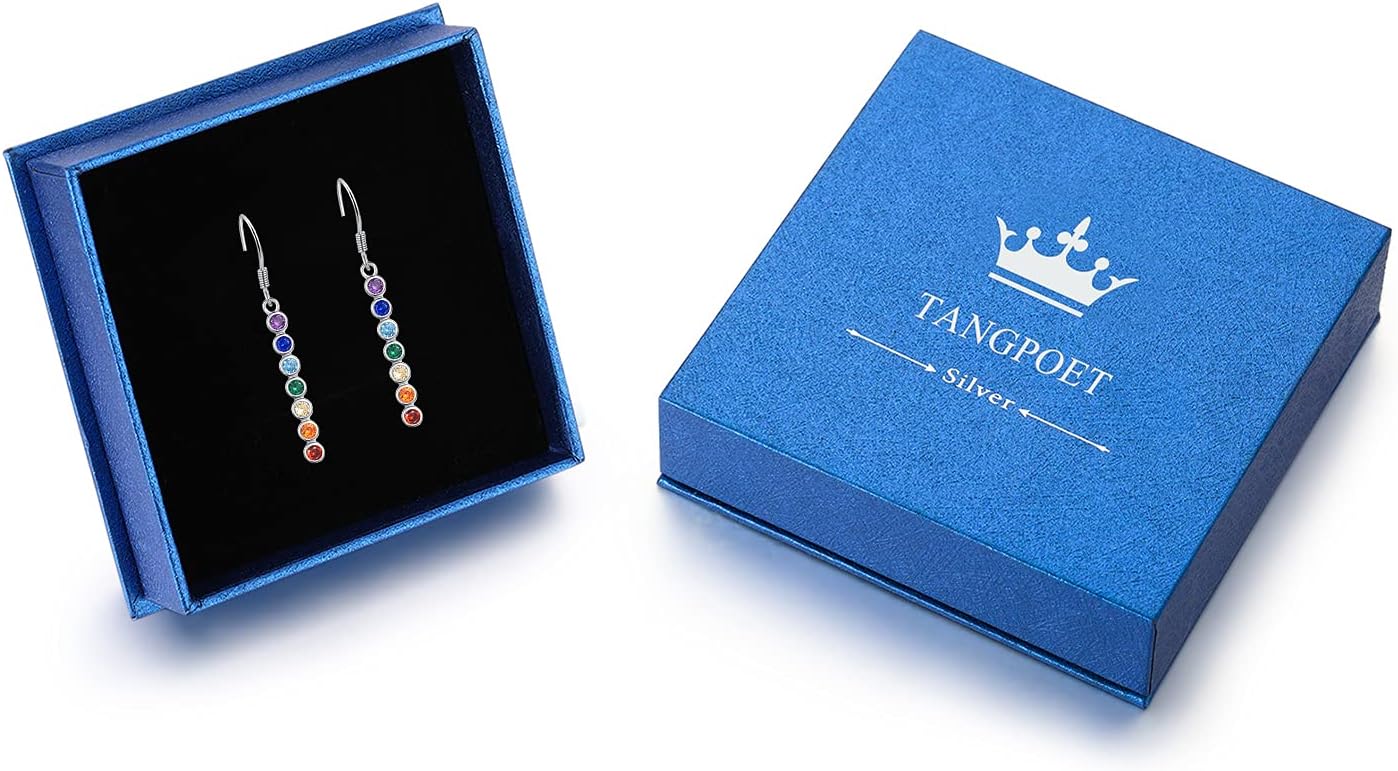 TANGPOET Seven Chakra Earrings for Women Ladies 925 Sterling Silver Healing Gemstone Dangly Earrings Rainbow Jewelry Reiki Meditation Balancing Gifts for Yoga Lover