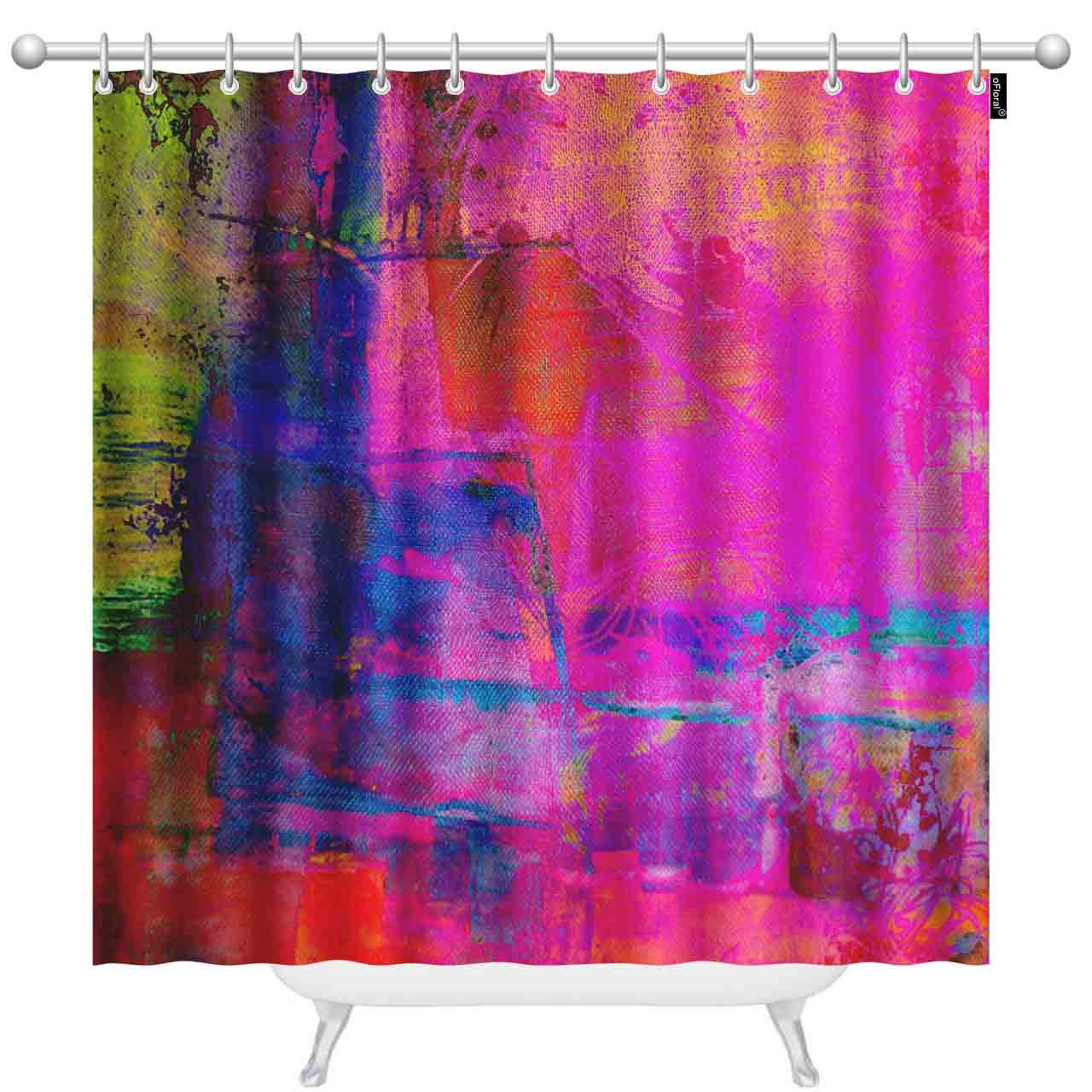 oFloral Art Abstract Shower Curtains for Bathroom Bright Fuchsia, Magenta, Pink, Red, Yellow, Green and Blue Polyester Waterproof Shower Curtain with Hooks 72 x 72 Inch
