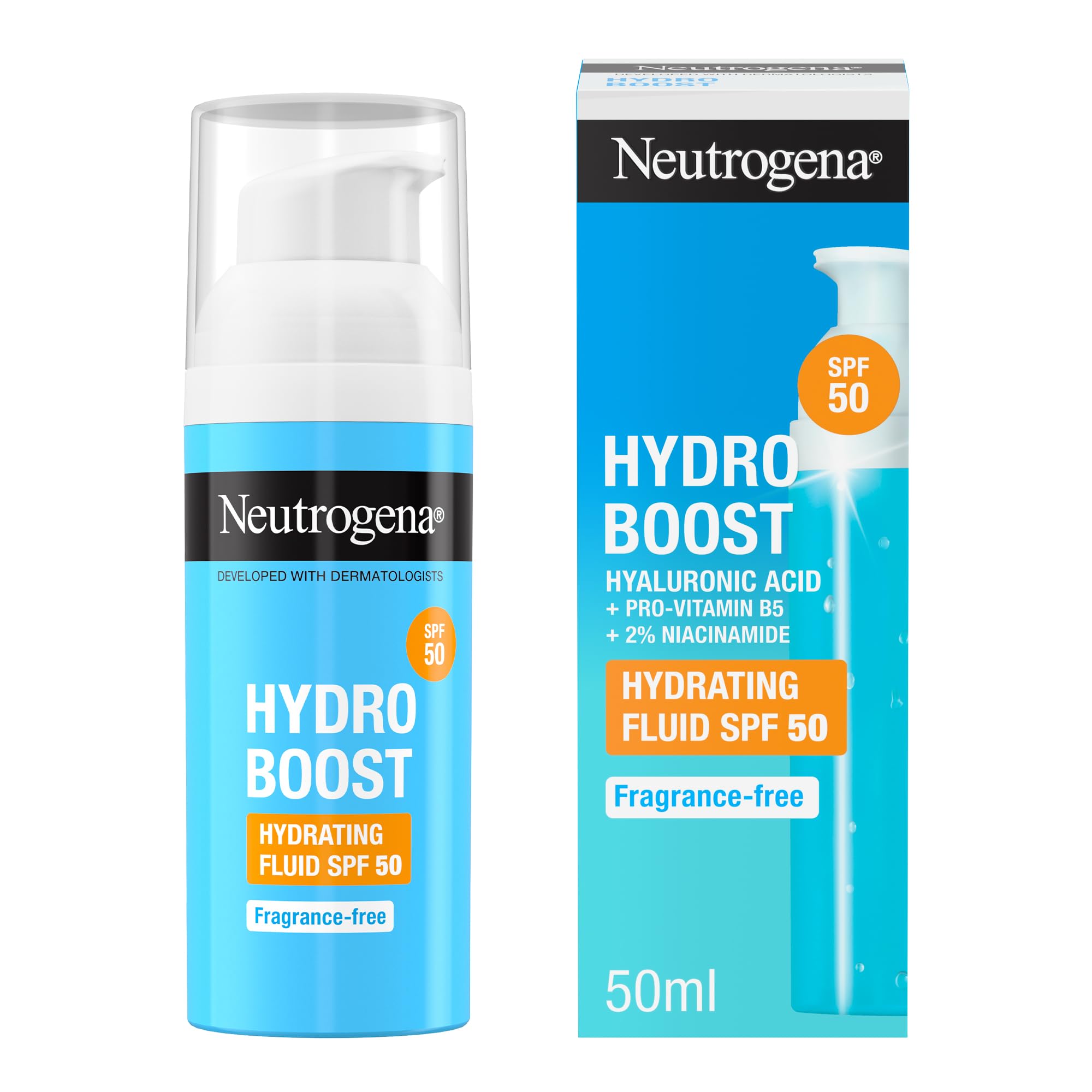 Neutrogena Hydro Boost Fluido Hidratante SPF 50 (1 x 50 ml), crema hidratante facial SPF 50 de uso diario con ácido hialurónico y 2% niacinamida, protección solar de amplio espectro