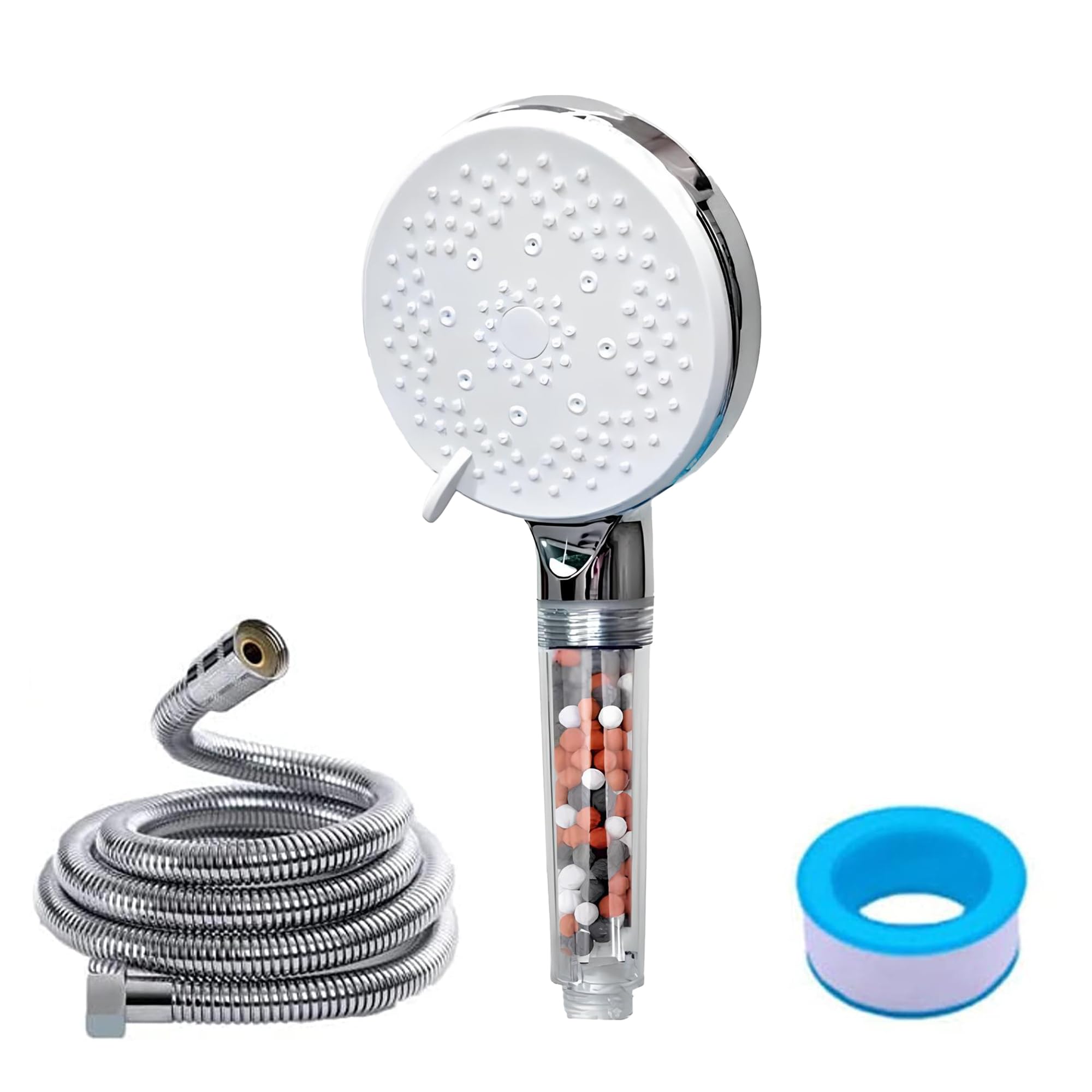 DANEEN High Pressure Shower Head Sprayer with Filtration System, Teflon Tape (Jet, Rainfall and Massage), Reduce Hair Loss, Boost Skin, Filter, Purify and Save Water (5 Function with 1.5m Hose)