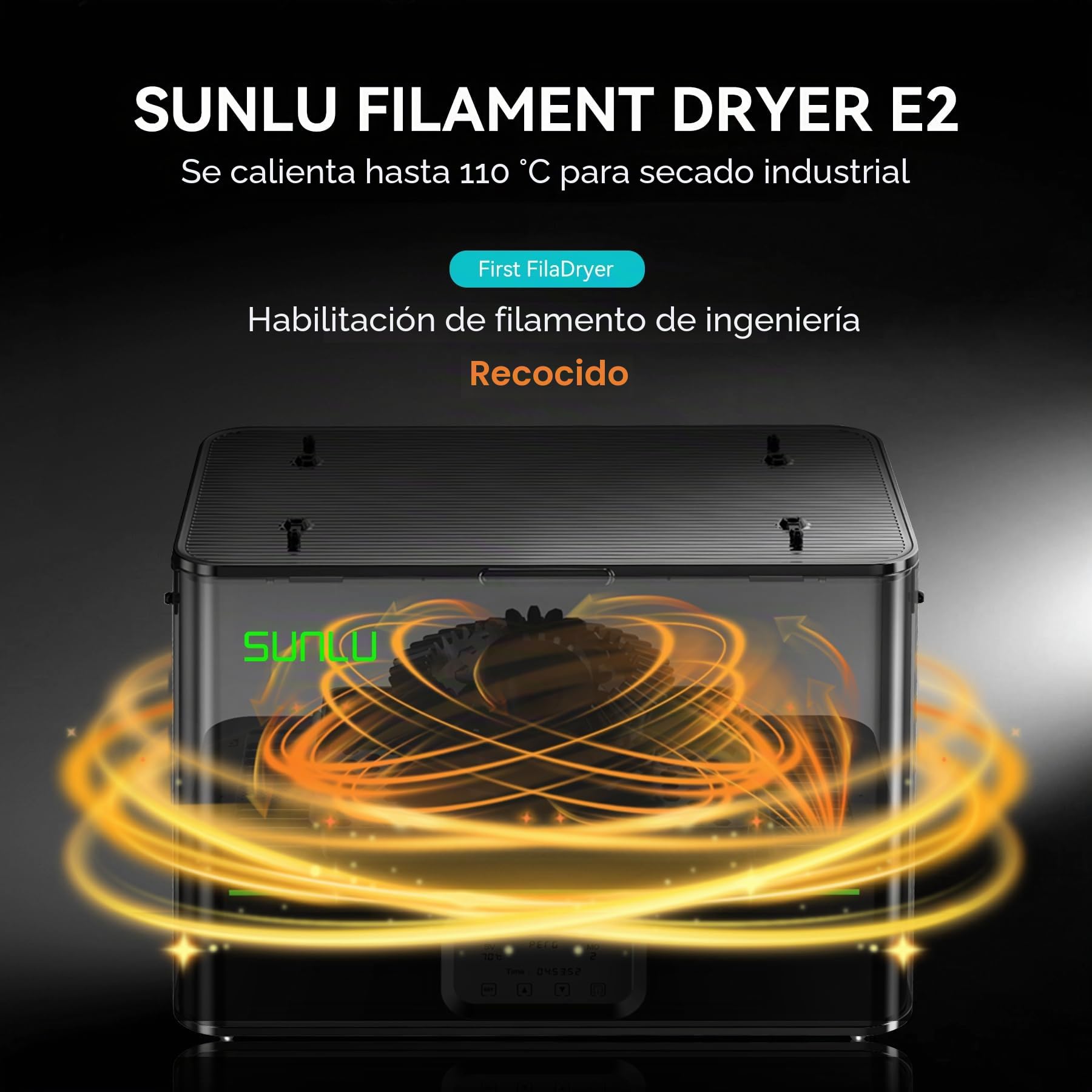 SUNLU Oficial E2 Secador de Filamento, 110°C Máx, Calentador PTC 500W, Secado y Recocido 2-en-1, Cámara Dual para Filamentos Técnicos PC PA-CF FR-ABS (Negro)