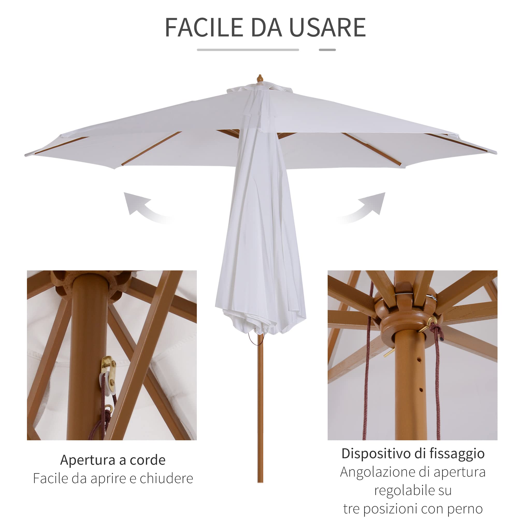 Outsunny Ombrellone da Giardino Ø3m con Corda e Apertura Regolabile, Ombrellone da Esterno con 8 Stecche in Legno, Bambù e Poliestere 180g/㎡, per Cortile, Terrazza e Balcone