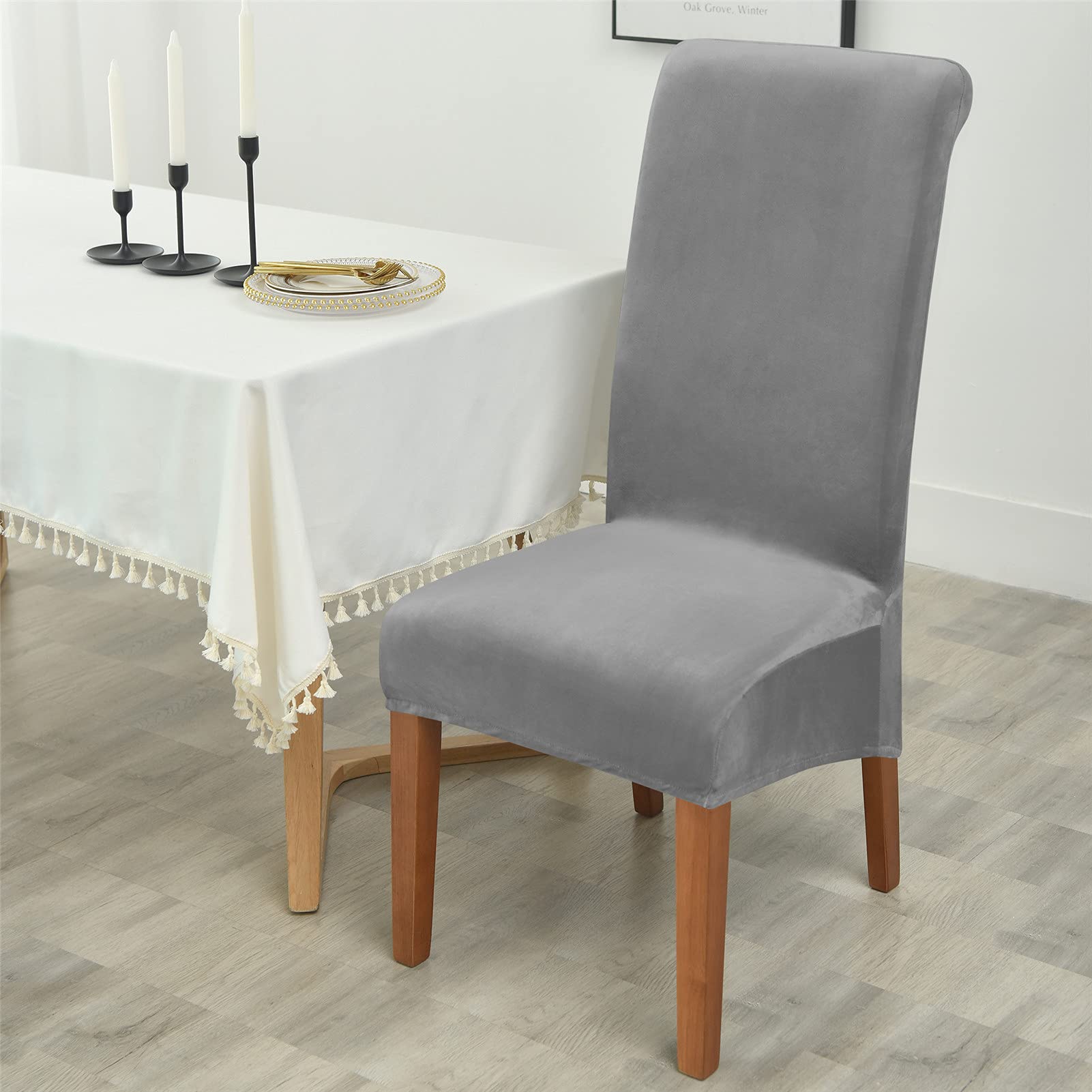 Juego de 2 fundas elásticas de terciopelo lavables y extraíbles para sillas de comedor de respaldo alto, color gris medio, perfectas para protección en casa, banquete y hotel.