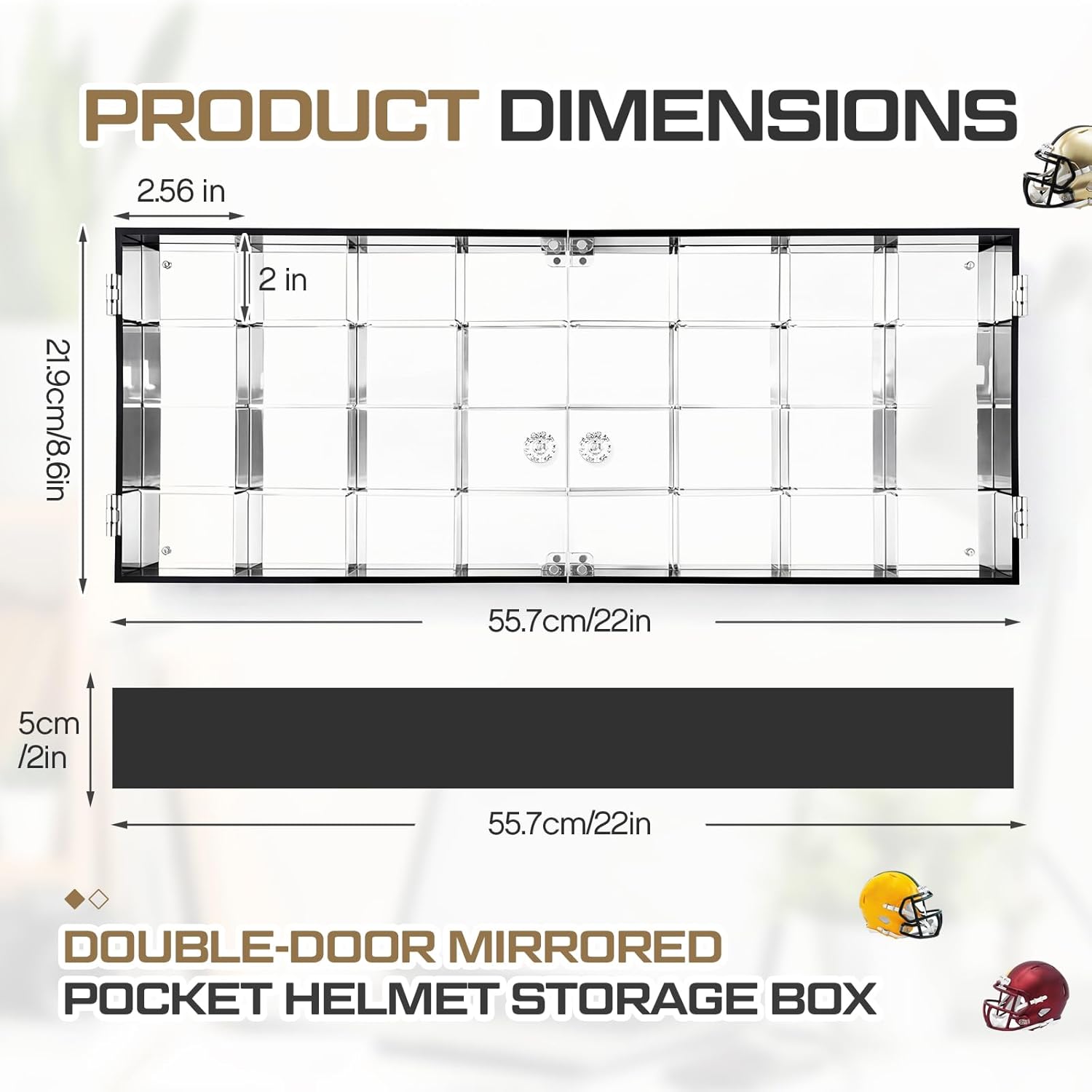Leinuosen 32 Acrylic Pocket Size Helmet Display Case for Pocket Football Helmets Mini Baseball Helmets Stand Display Cabinet Holder Rack Wall Mount with Clear Double Door, 22 x 8.6 x 2 Inch, 4x8 Grid