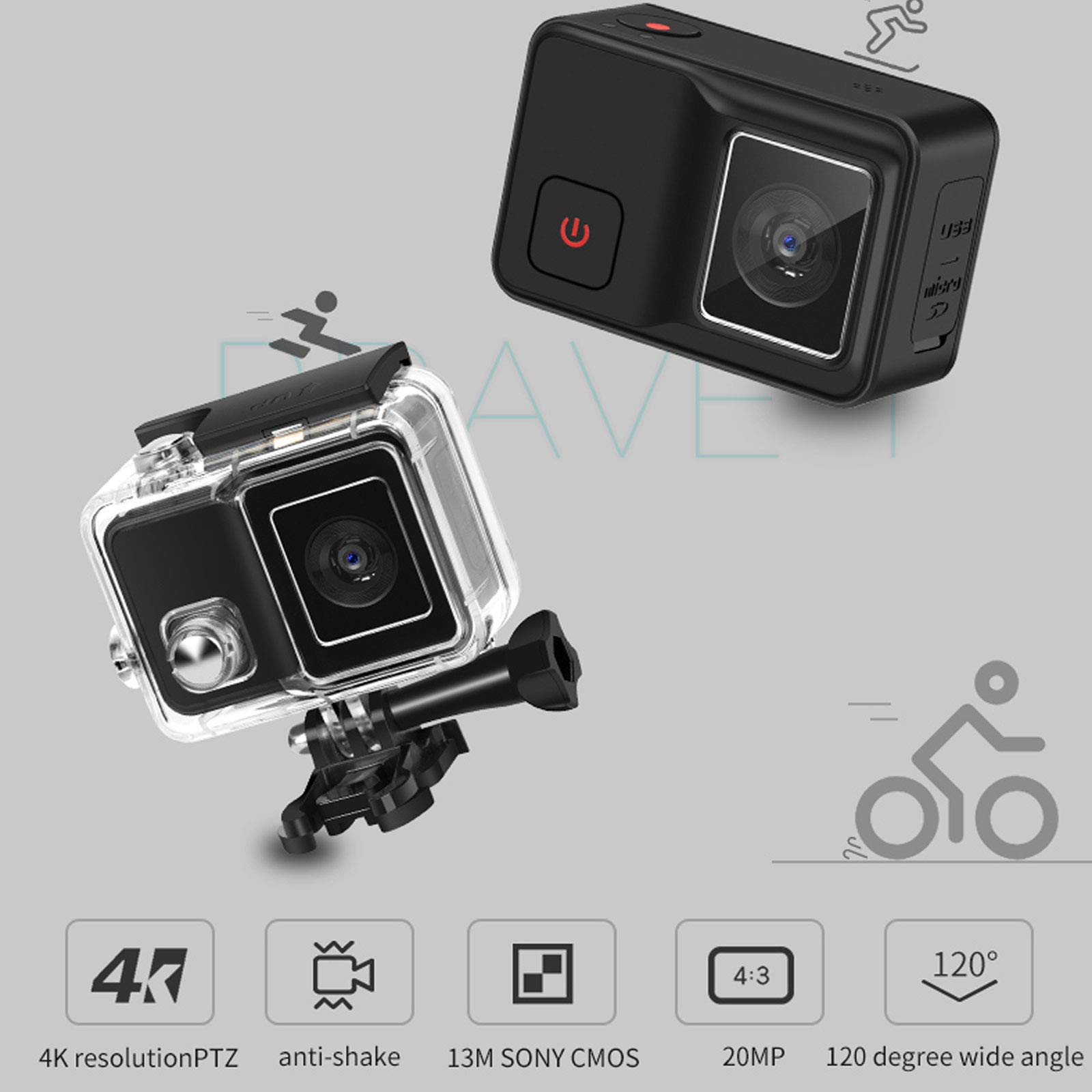 Macchina Fotografica Subacquea, Fotocamera Subacquea Digitale Full HD 4K 50FPS, Stabilizzazione Elettronica Dell'immagine, Fotocamera Subacquea da 30 M, Schermo IPS da 2 Pollici