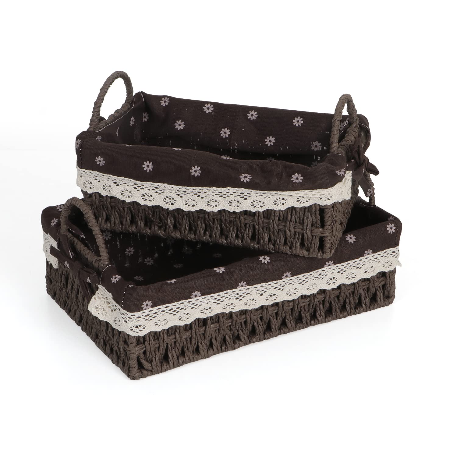 HOKIPO Rectangular Environmental Friendly Paper Rope Wicker Storage Baskets With Handle, Pack of 2, Brown (AR-3907-CBR)