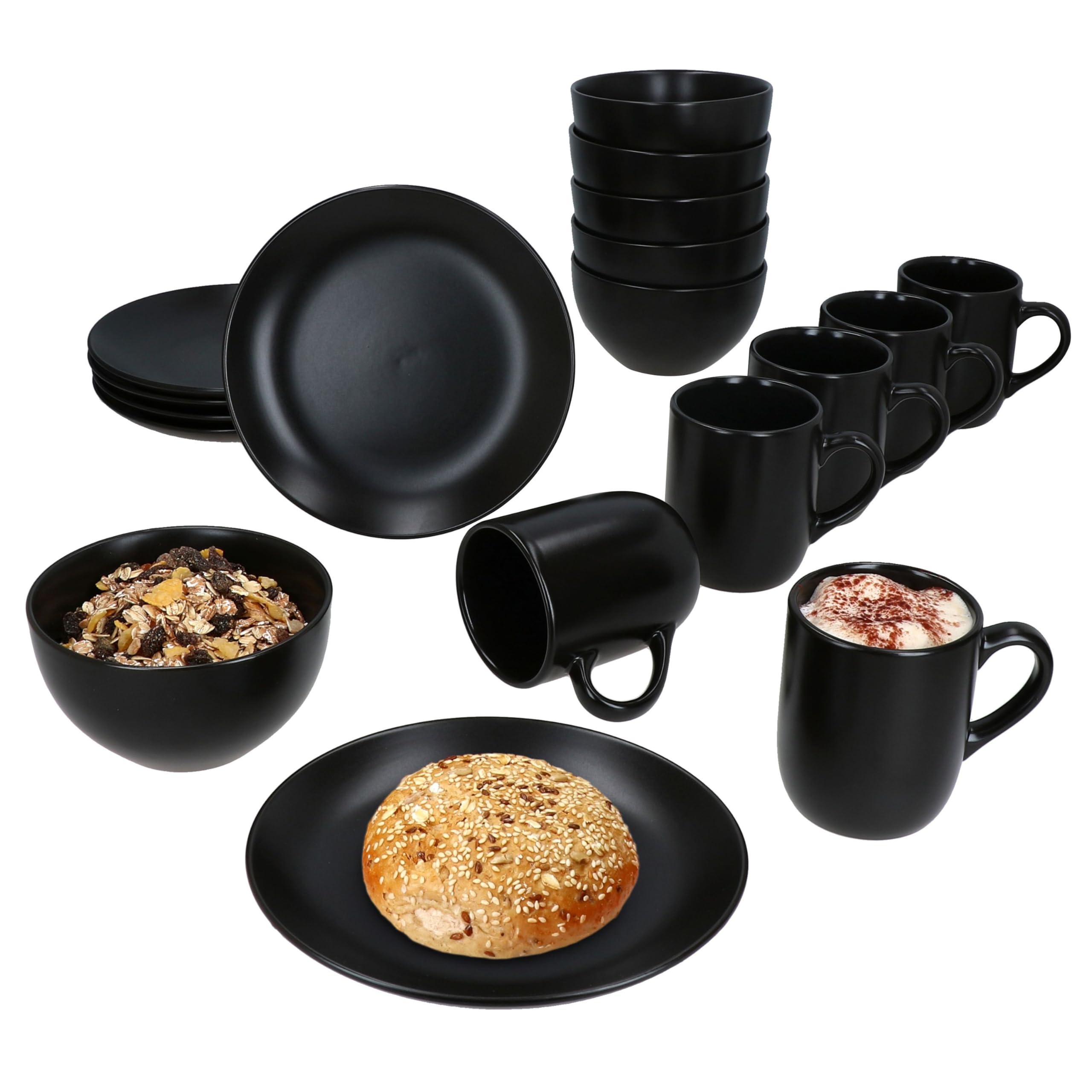MamboCat Panther Service de petit-déjeuner 18 pièces noir mat I 6 petites assiettes, bol 450 ml et tasse à café 340 ml, hauteur 10,3 cm pour 6 personnes I Vaisselle en faïence pour le petit déjeuner