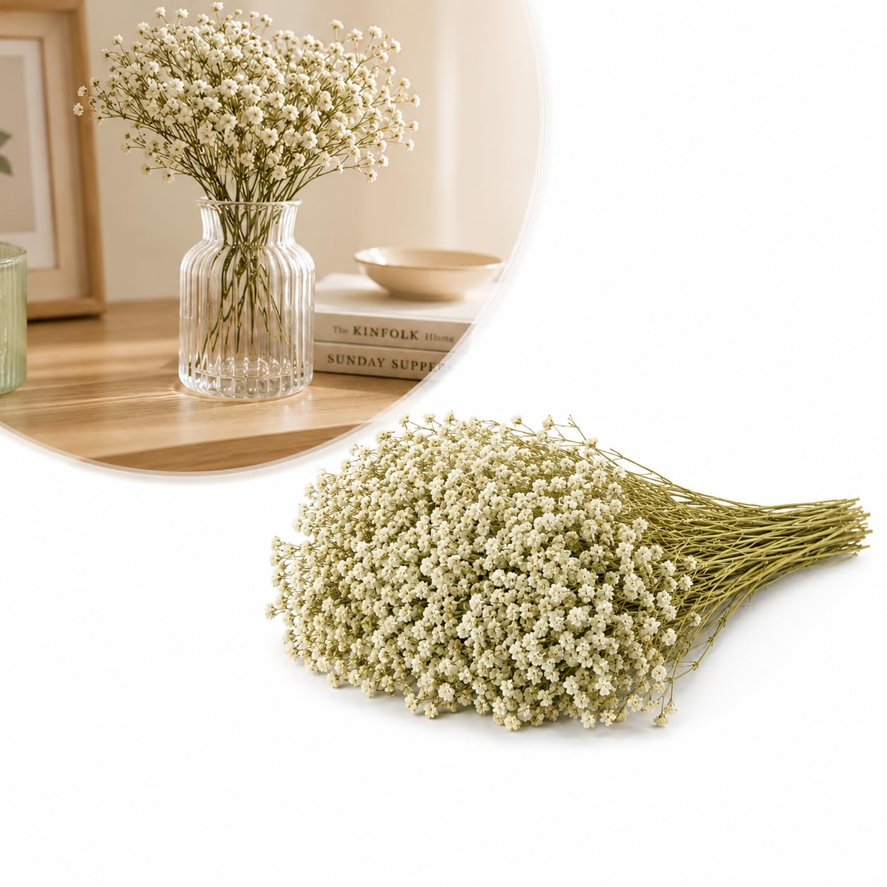 100PCS Mini Dried Gypsophila Flowers for Crafts, White Dried Flowers with Green Stems for Resin Art, Wedding Cards, DIY Floral Arrangements, Vase Filler, Party Table Decor & Home Decoration