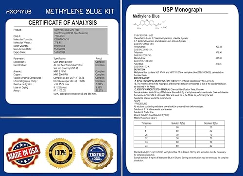 Miniatura 5 de Polvo azul de metileno, botella de 3.53 onzas líquidas (1%, 0.03 onzas), probado por terceros al 99 % +, cumple con el grado USP, suplemento