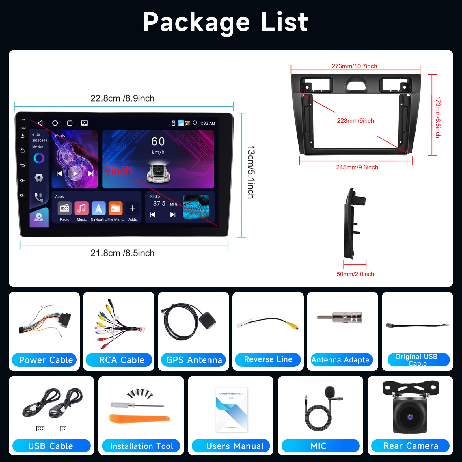4G+64G Android Autoradio Per Ford Fiesta 2006-2011 Carplay Android Auto Wireless, Hodozzy Auto Radio 9 Pollici Touch Screen Auto Stereo 2 Din GPS Navigazione, WiFi, Bluetooth DSP, FM/RDS+Retrocamera
