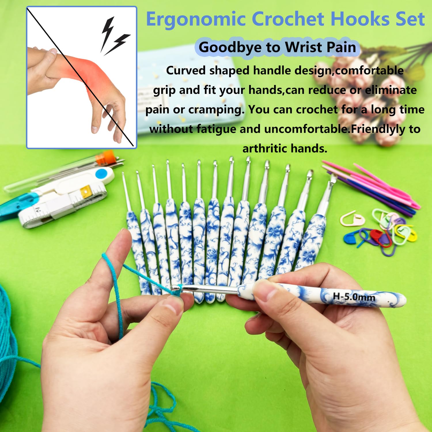 Hobekoee Juego de ganchos de ganchillo de 14 tamaños, mango ergonómico, 2,25 mm (B)-10 mm (N) ganchos de ganchillo para manos artríticas, agujas de ganchillo completas con estuche para principiantes