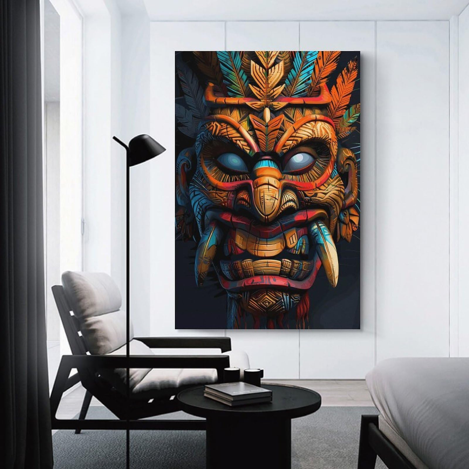 Junmoney Indigenous Tribe Tiki Mask Hanging Wall Art 24x36inch(60x90cm), for Bedroom Walls, Guest Spaces Or Lounges, An Easy Wall Refresh for Bedrooms