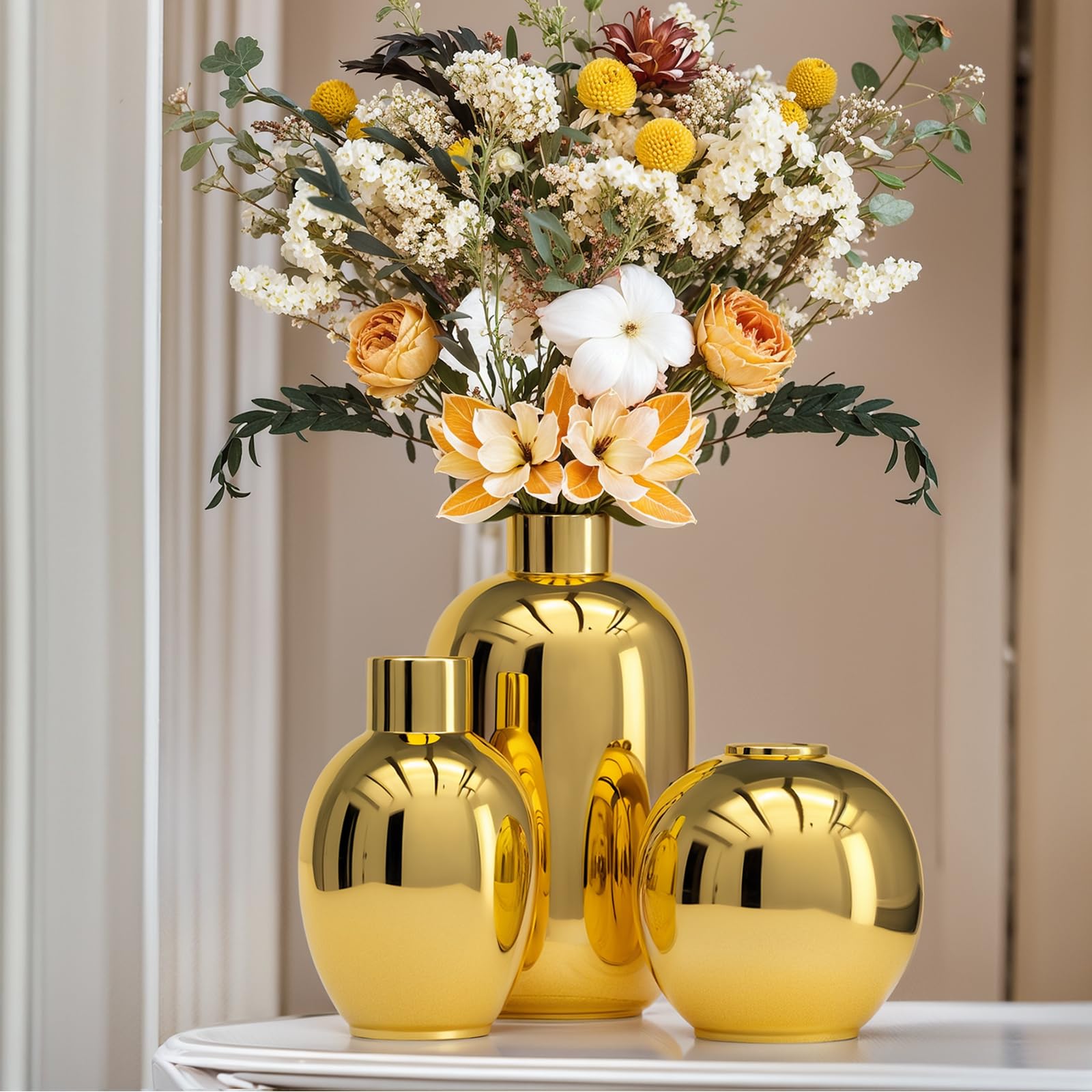 Set di 3 vasi in ceramica dorati lucidi, vasi decorativi moderni rotondi in oro per decorazione con erbe Pampas, camera da letto, ufficio, soggiorno, libreria, matrimonio, centrotavola per bagno