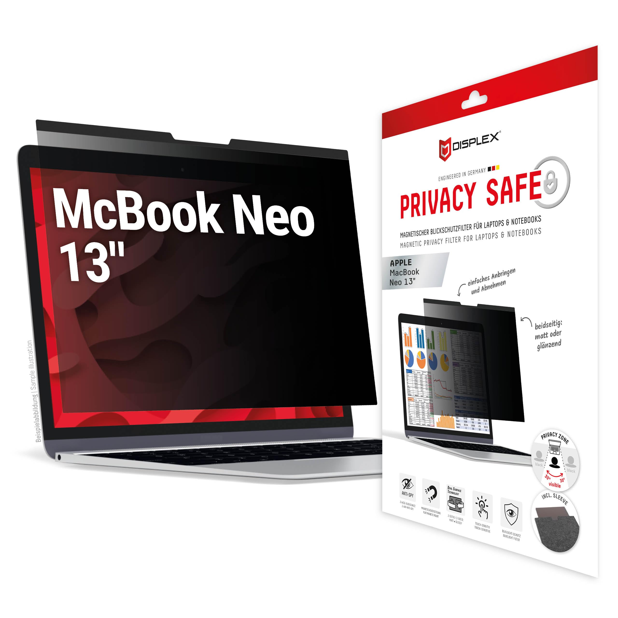 Displex Privacy Safe - Filtro de privacidad magnético de 2 vías para MacBook Neo de 13 pulgadas, fijación magnética, extraíble, antirreflejos y protector de pantalla brillante