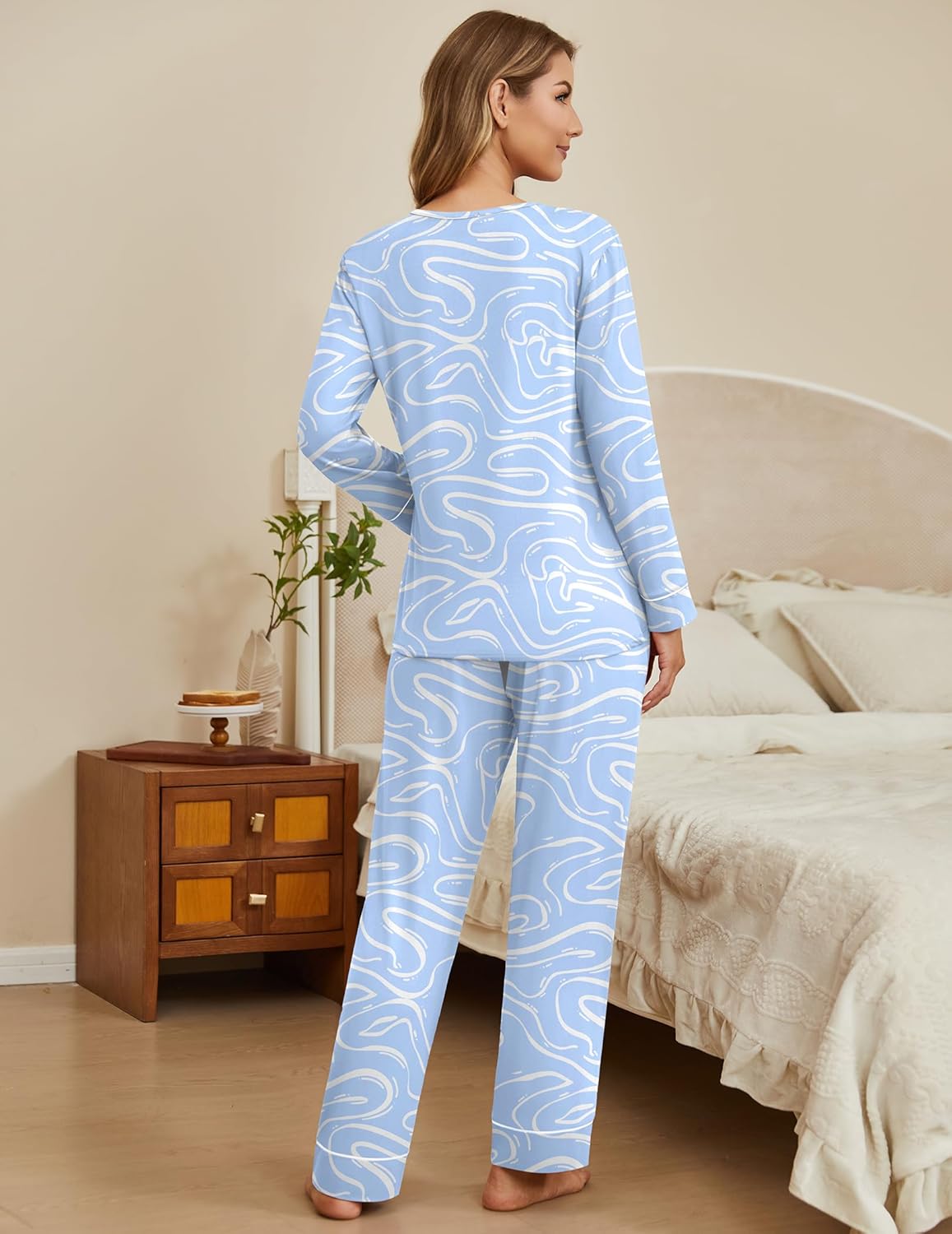 Ekouaer Women's Pajamas Sets 2 piece PJs V Neck Long Sleeve Sleepwear Comfy Pants Loungewear with Pocket - Image 3