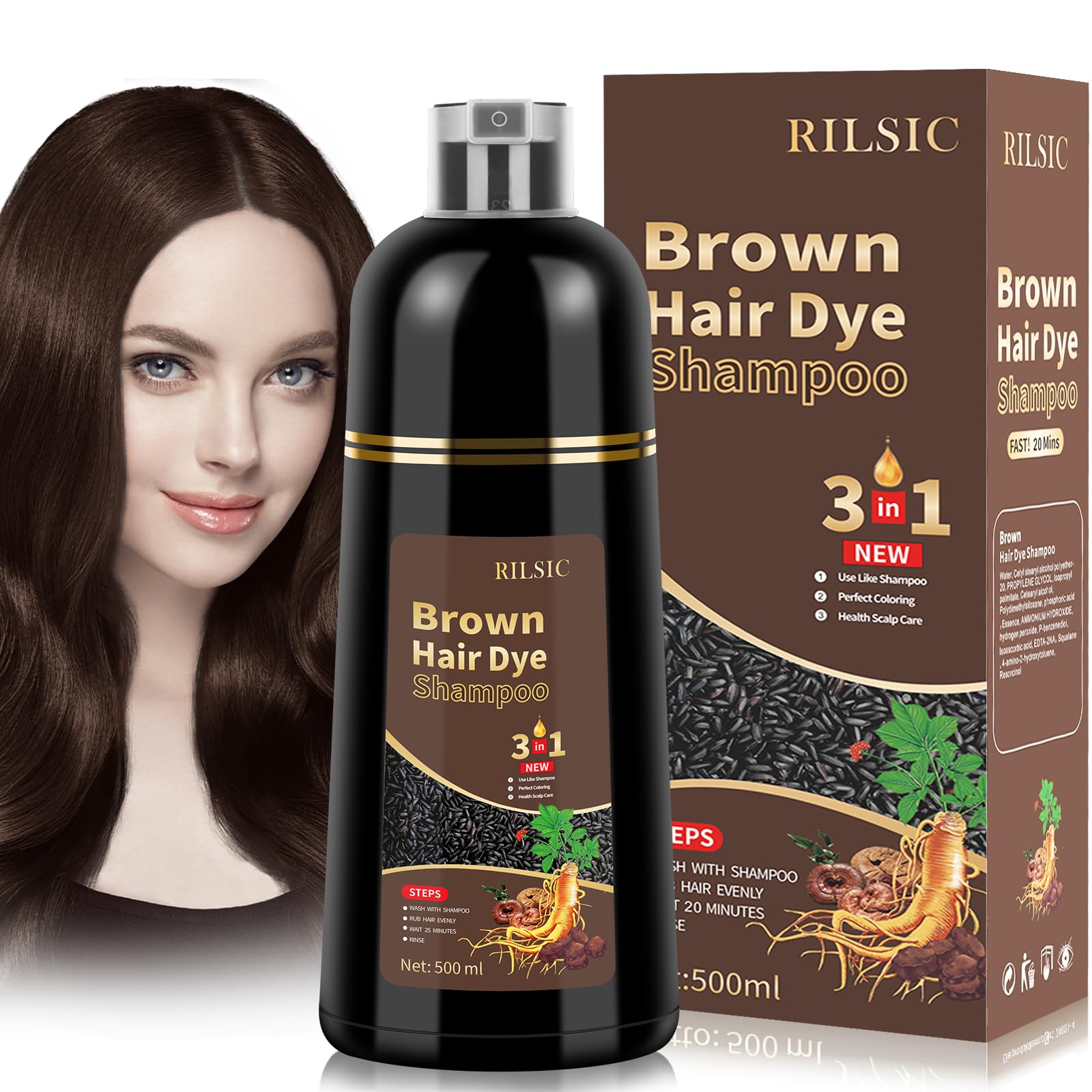 Hair Dye Shampoo 3 en 1 Cubre Canas, Brown Hair Dye Shampoo 3 en 1,Hair Color, Champú de Color Para el Cabello Instantáneo,Cobertura De Canas En Minutos para Hombres y Mujeres (Marrón)