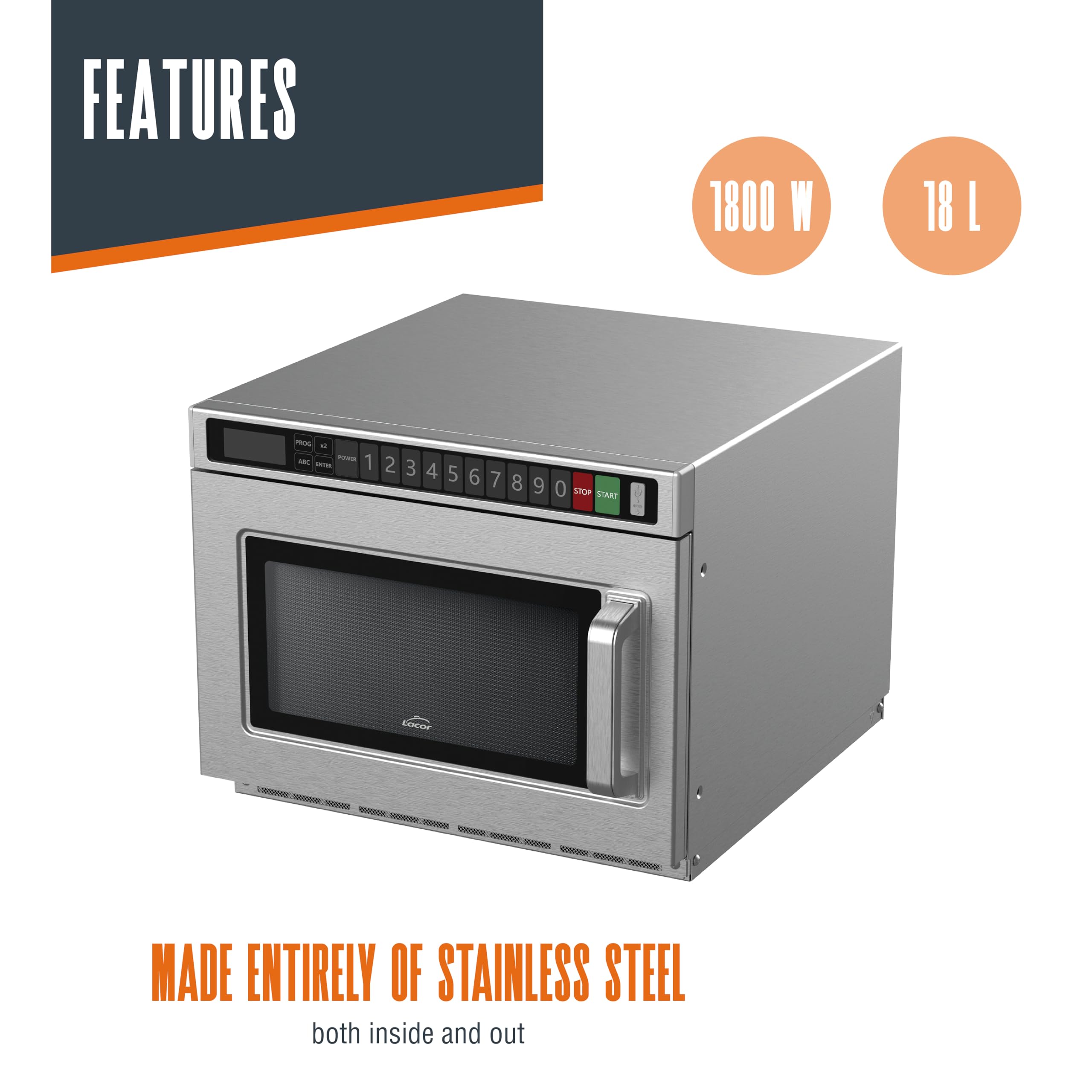 LACOR - 69482 - Four Micro-ondes Professionnel DuoHeat Pro Acier | Double magnétron de 1800W; 297 programmes configurables par USB; base céramique; capacité 18L; idéal pour l'hôtellerie
