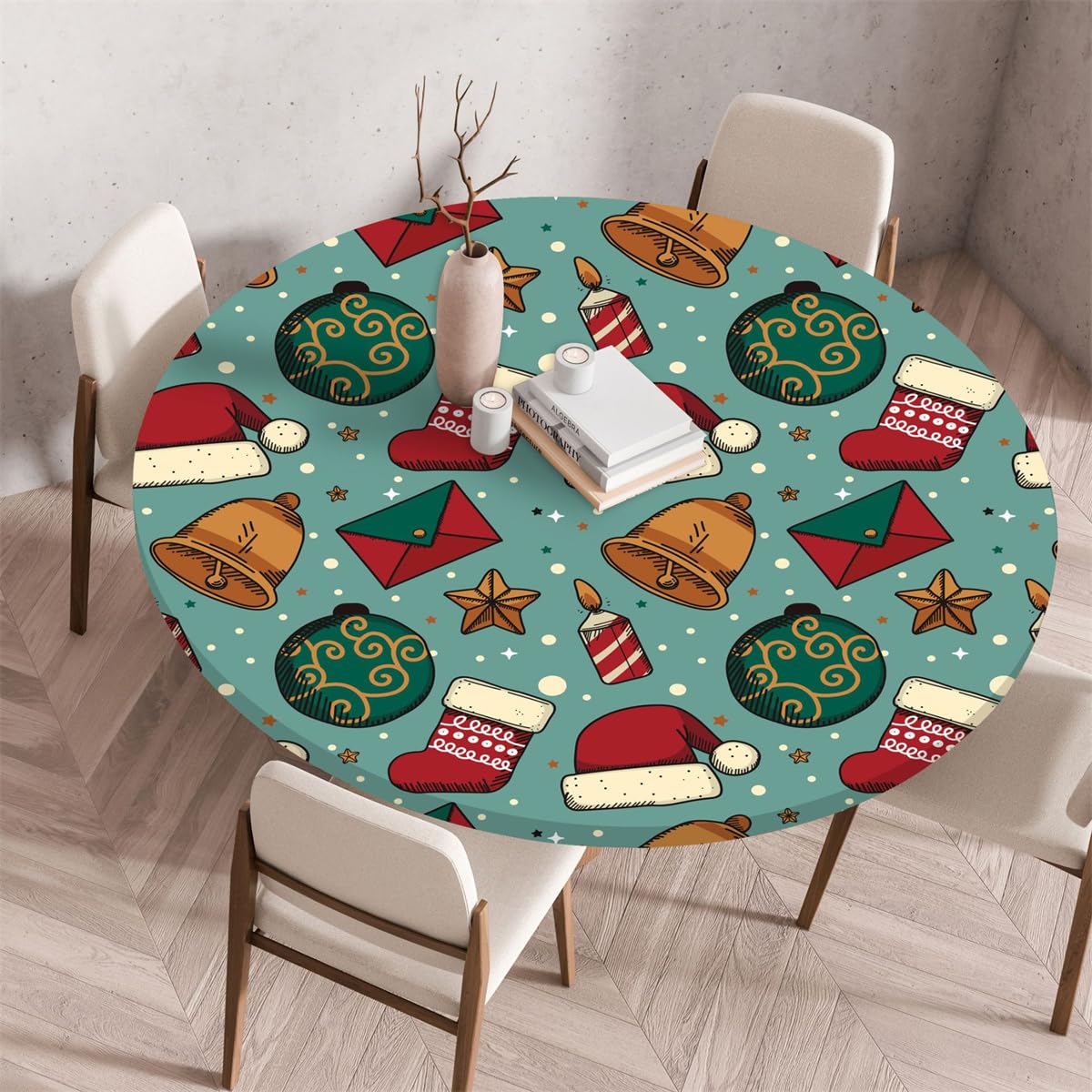 Fansu Navidad Mantel Redondo de Elástica Ajustada Protector de Mesa con Bordes,Manteles Antimanchas Lavable Decorativo para Fiestas de Picnic al Aire Libre (80cm,Campana)