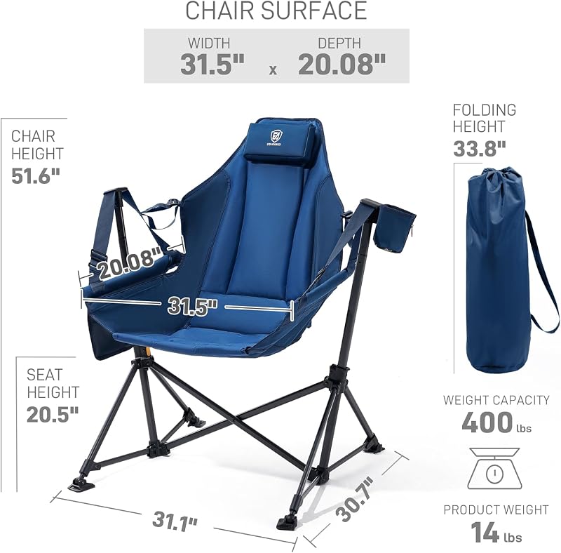 EVER ADVANCED Hammock Camping Chair, Oversized Heavy Duty Swing Chair with Detachable Cup Holder, Portable Folding Rocking Camping Chair, Support Up to 400lbs, Blue image 3