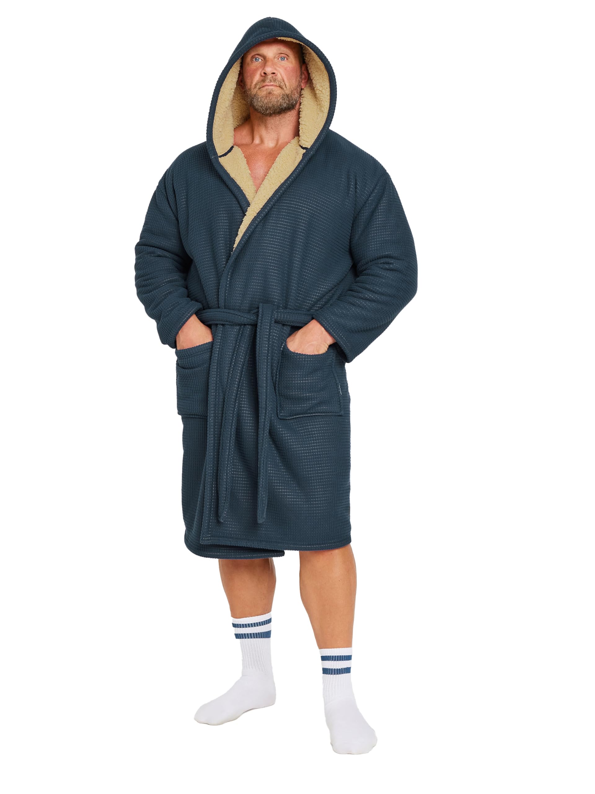 Badrhino Men's Blue Big & Tall Navy Waffle Borg Lined Dressing Gown - Plus Size Curve