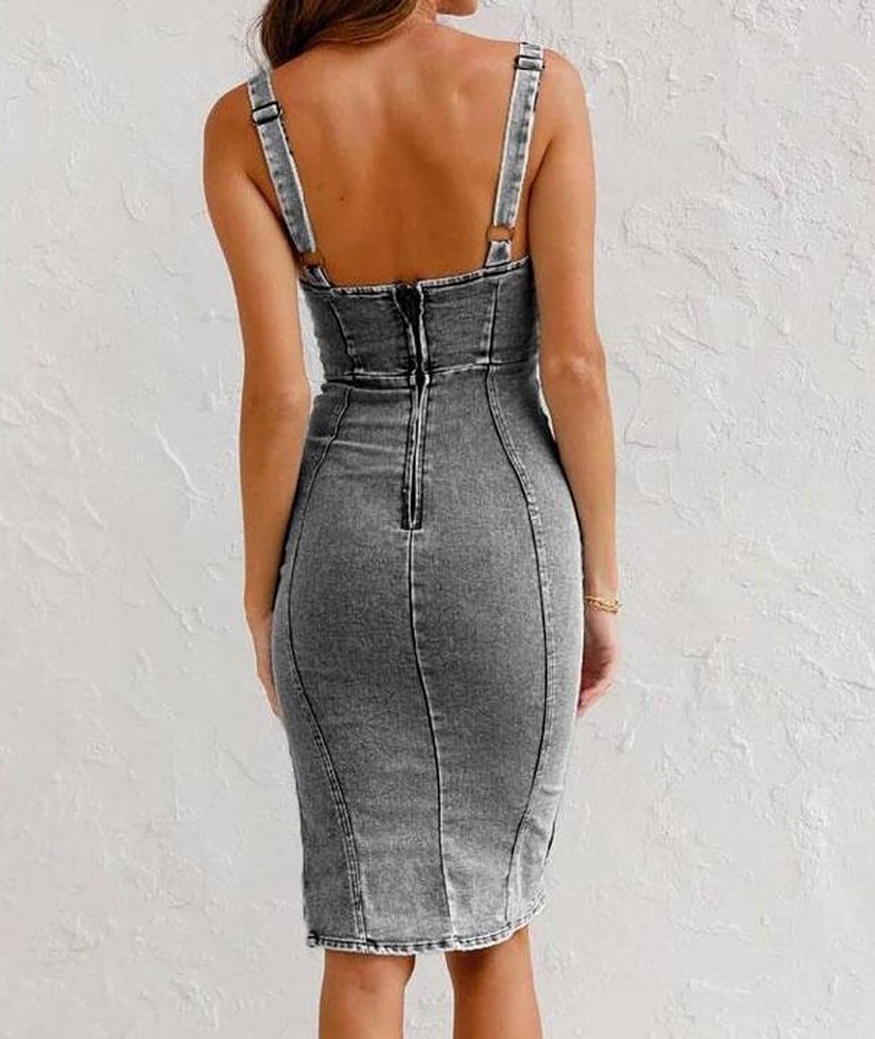 SEMATOMALA Women's Fitted Denim Dress Scoop Neck Spaghetti Strap Slit Sexy Summer Bodycon Stretchy Jean Dress - Image 5