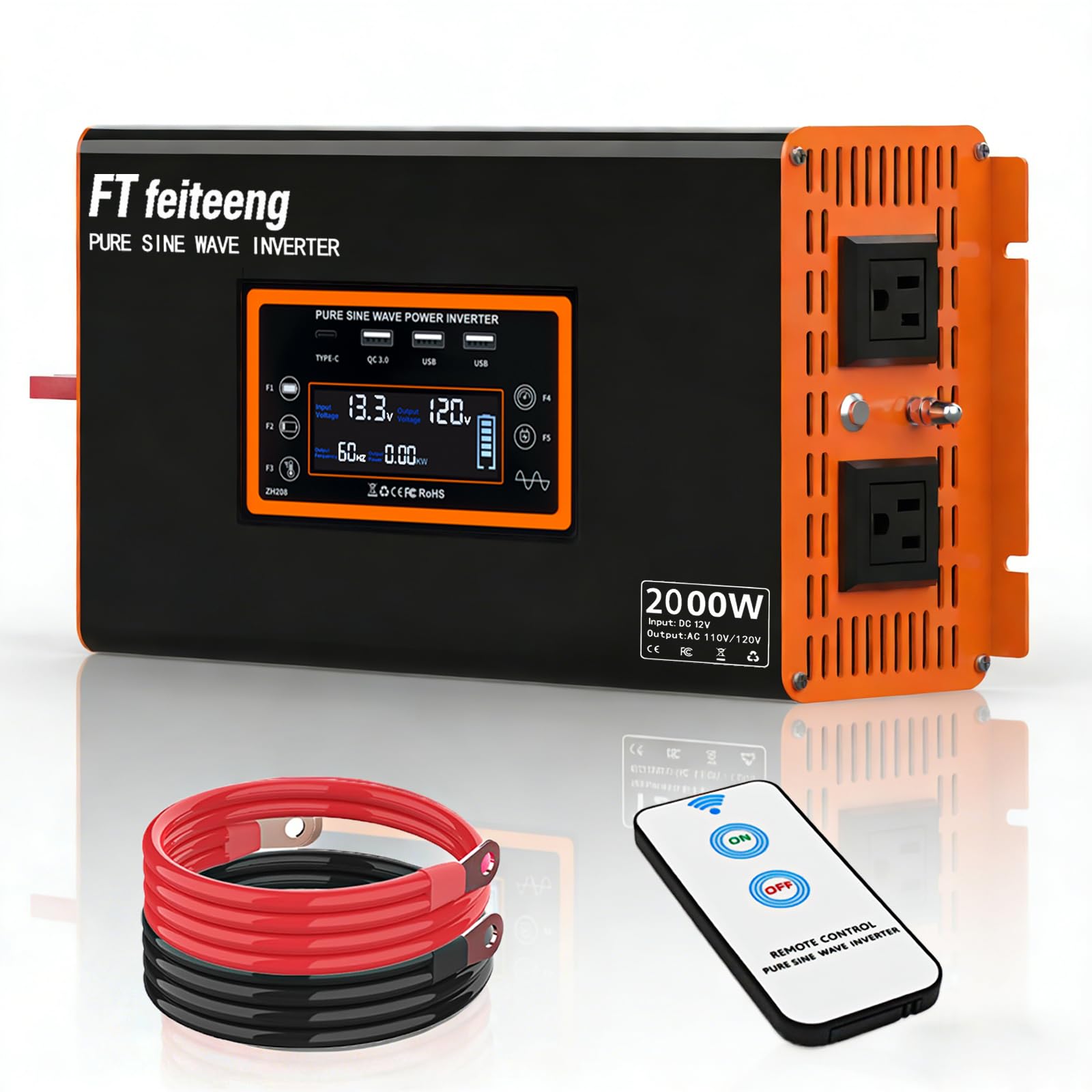 Photo 1 of 2000W Pure Sine Wave Power Inverter, Car Power Inverter 12V to 120V AC Converter with Remote, Cable, LCD Display, 2AC+3USB, Type-C Port Surge 4000W for Camping Emergency Vehicles Truck RV